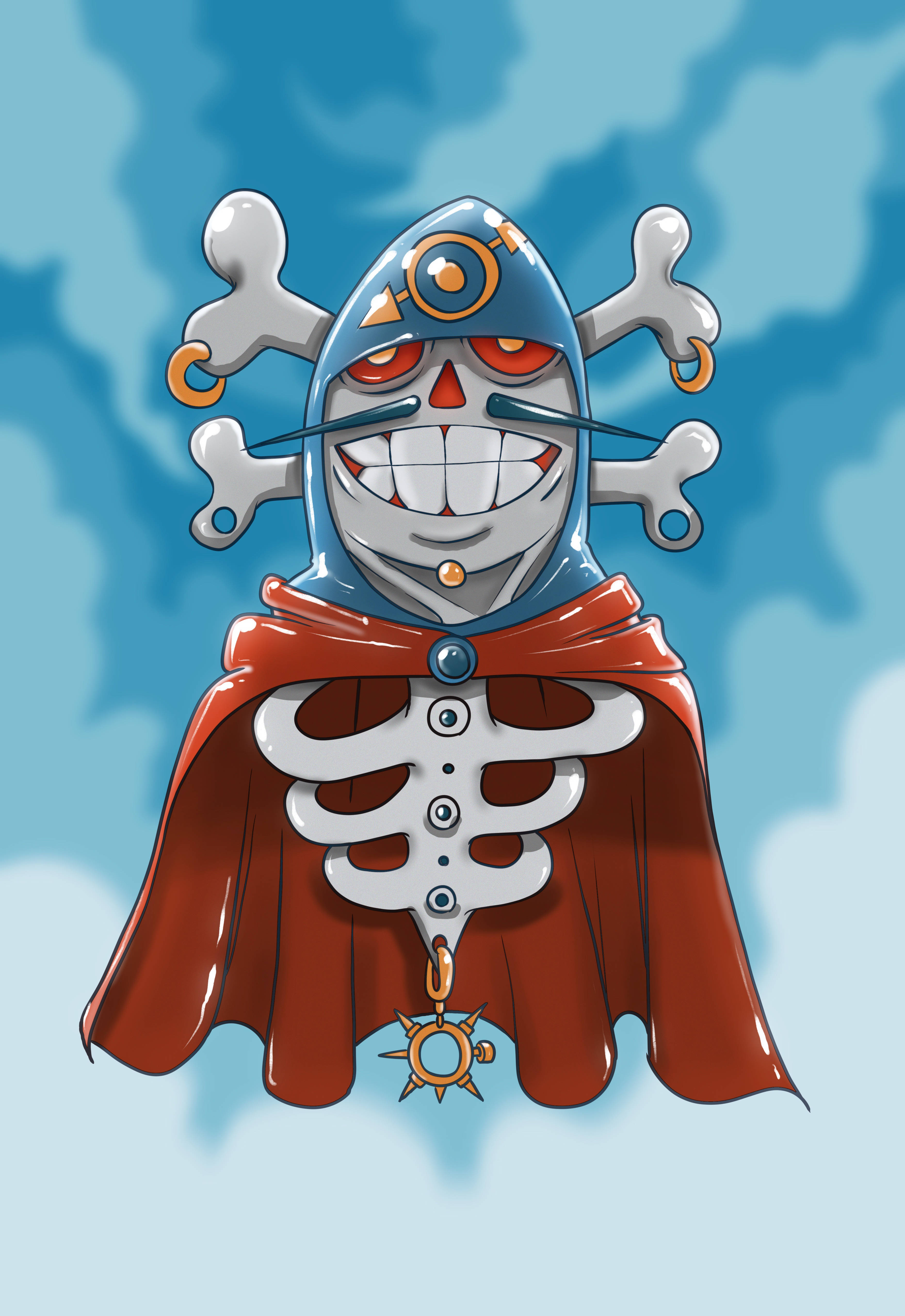 cartoon pirate skeleton, blue helmet, red cape, 4K Phone Wallpaper