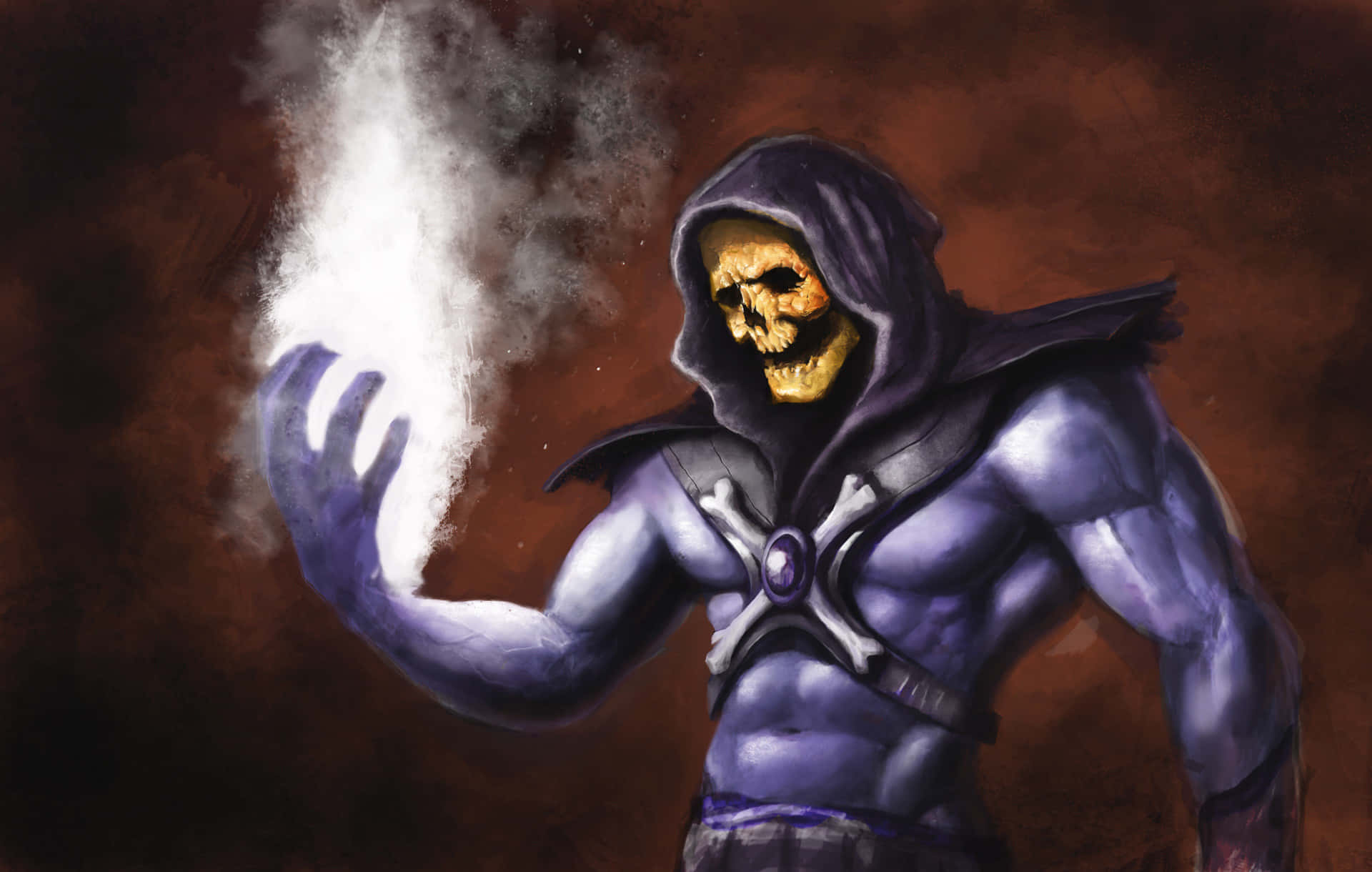 Skeletor, purple hooded cloak, glowing white energy, Full HD Desktop Wallpaper
