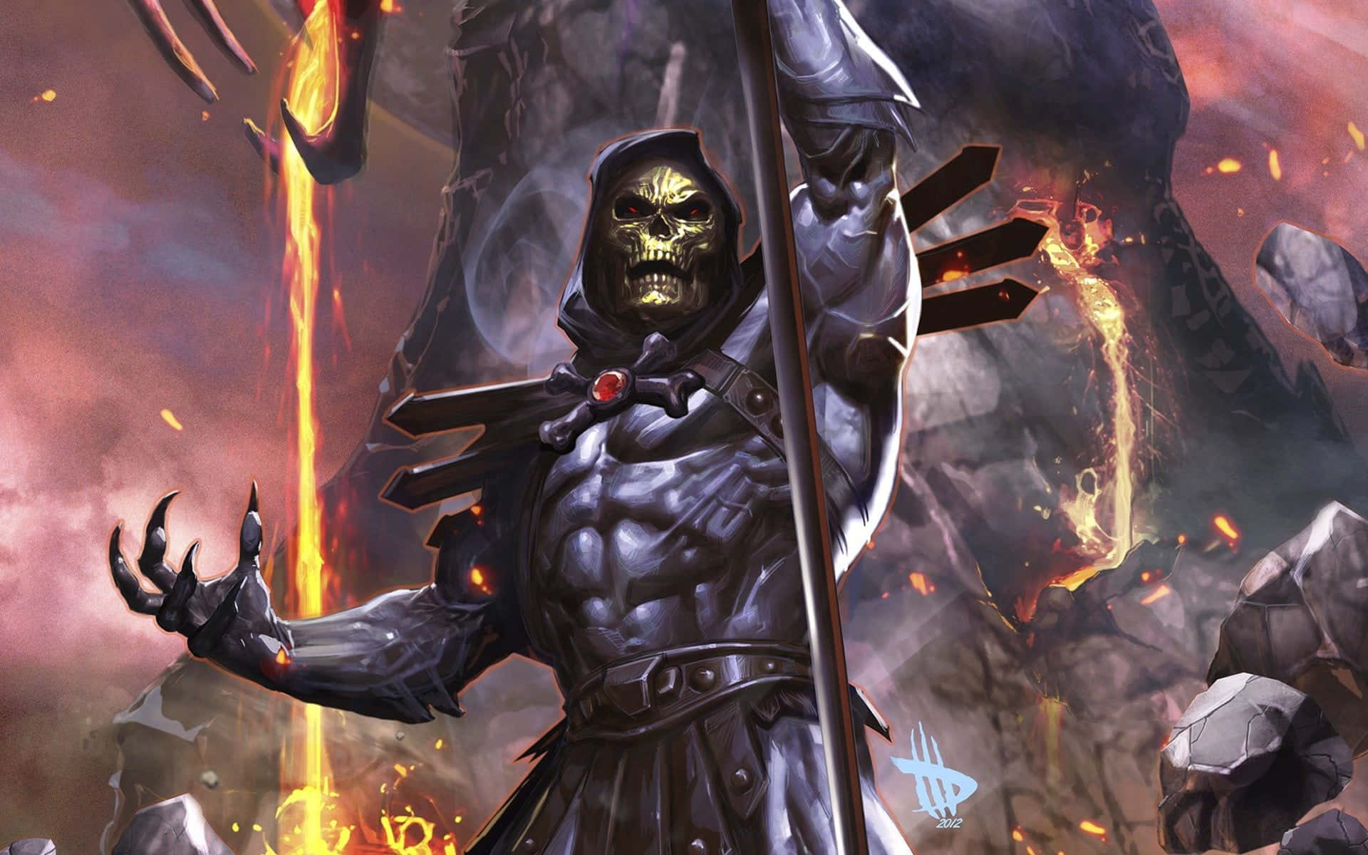 Skeletor, volcanic landscape, molten lava, Full HD Desktop Wallpaper