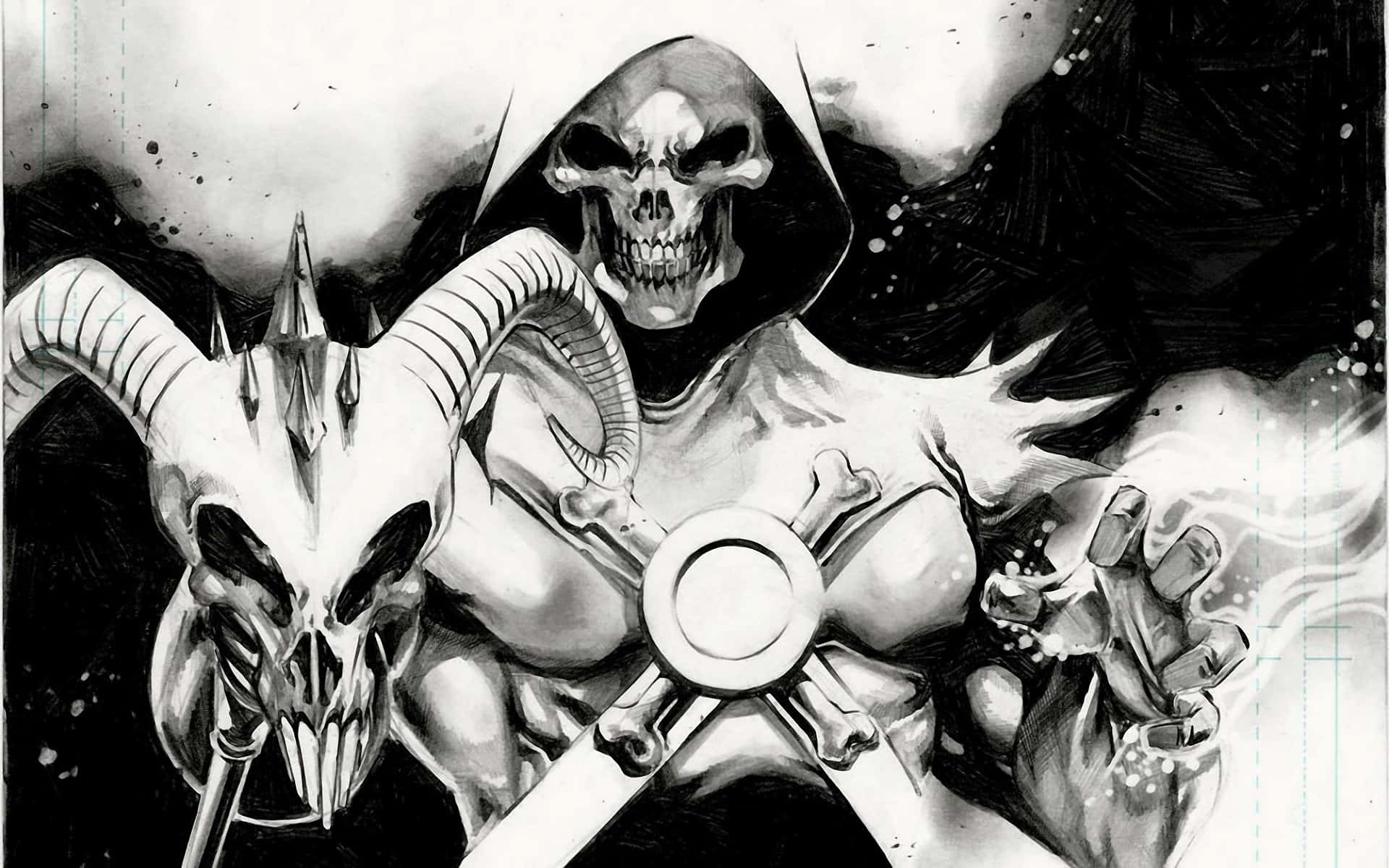 Skeletor, ram horns, hooded cloak, Full HD Desktop Wallpaper