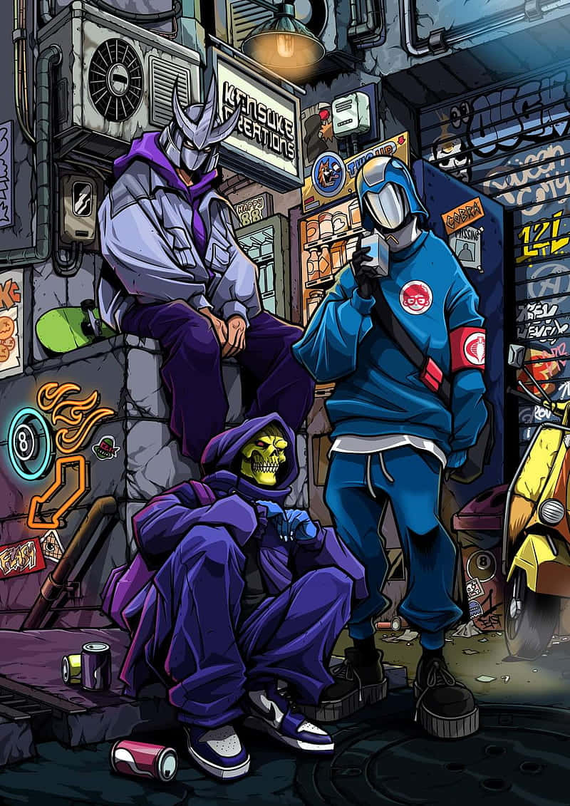 Skeletor, neon signs, graffiti-covered alley, SD Phone Wallpaper