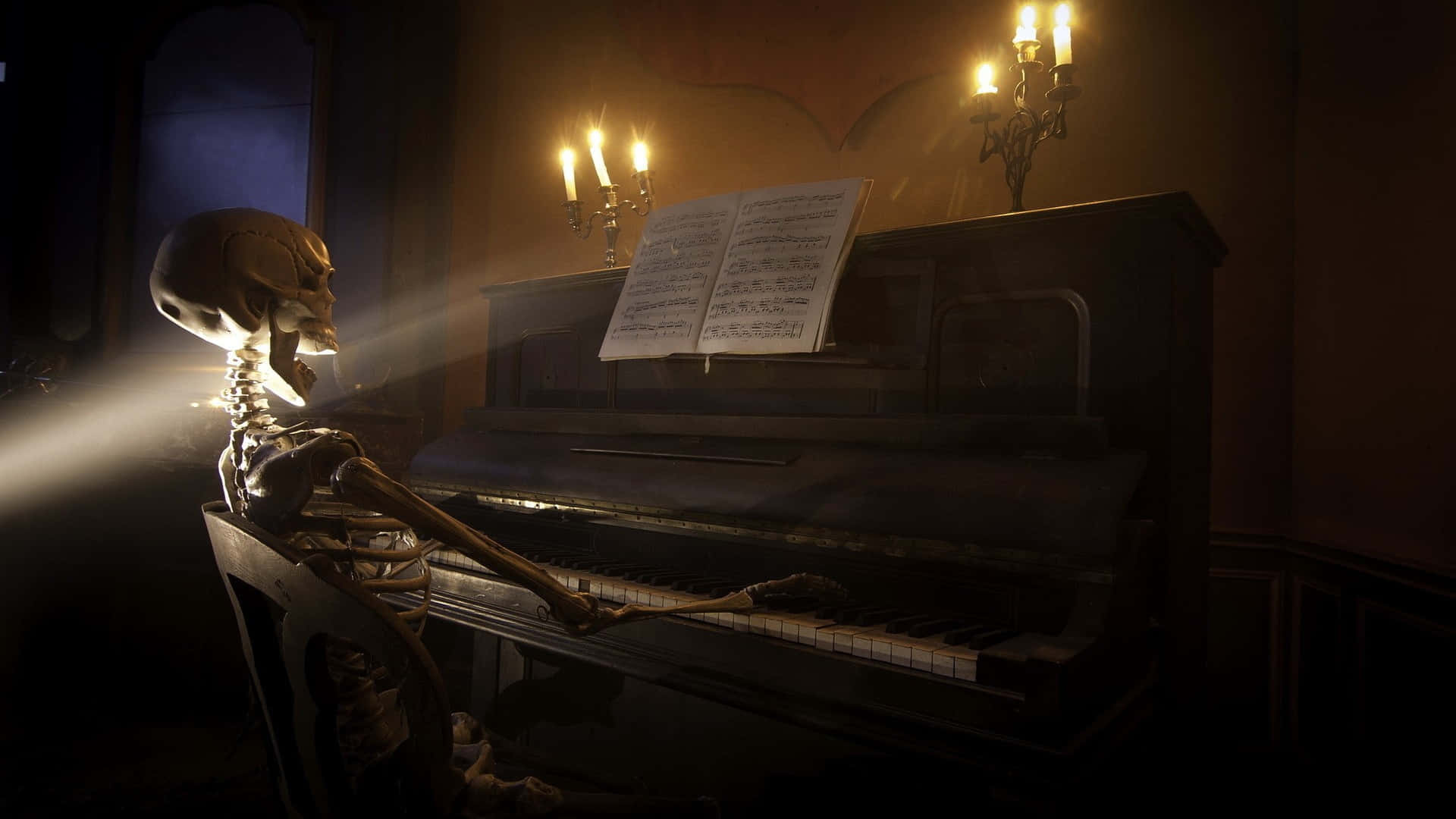 Skeletor, piano, candlelight, Full HD Desktop Wallpaper