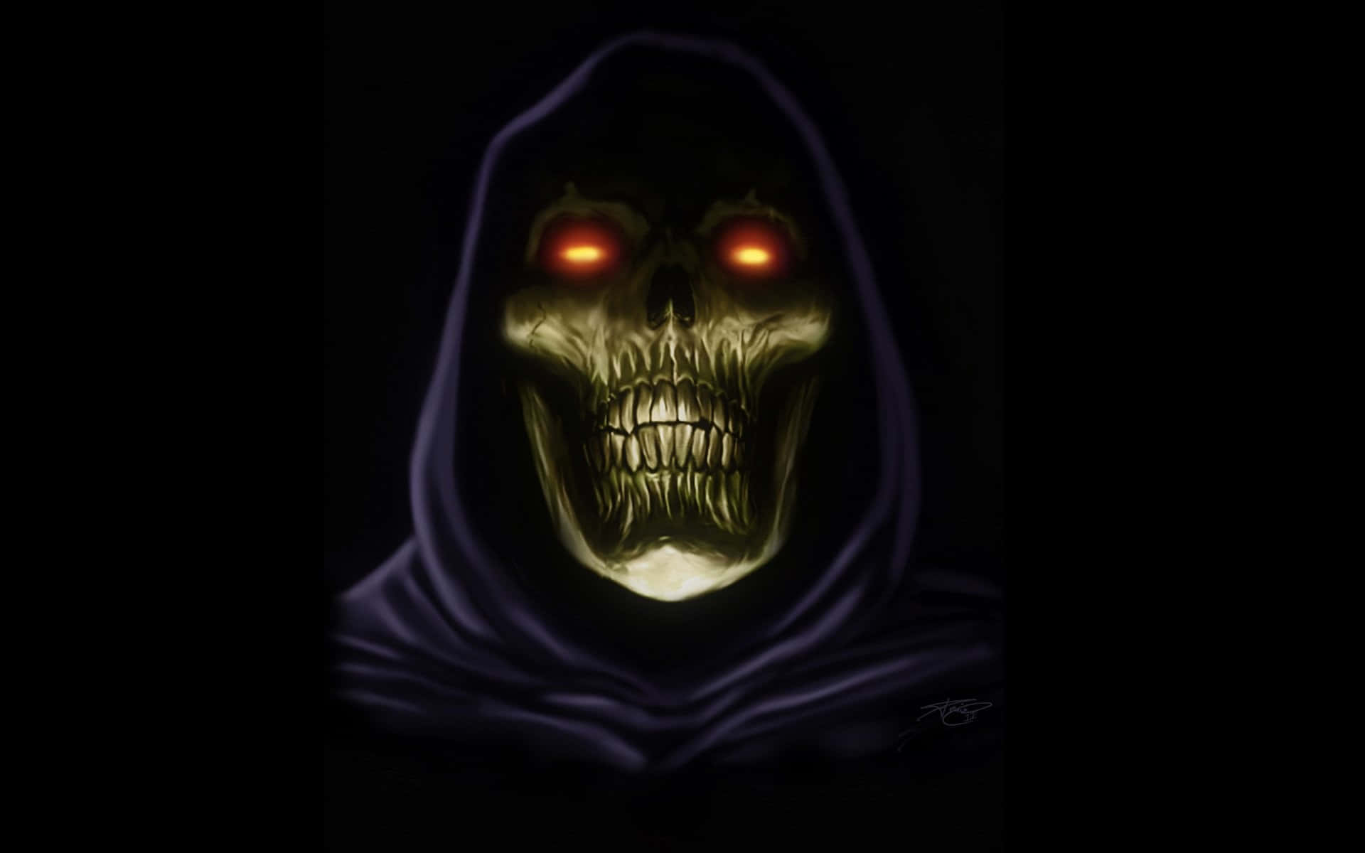Skeletor, glowing red eyes, hooded skull, Full HD Desktop Wallpaper