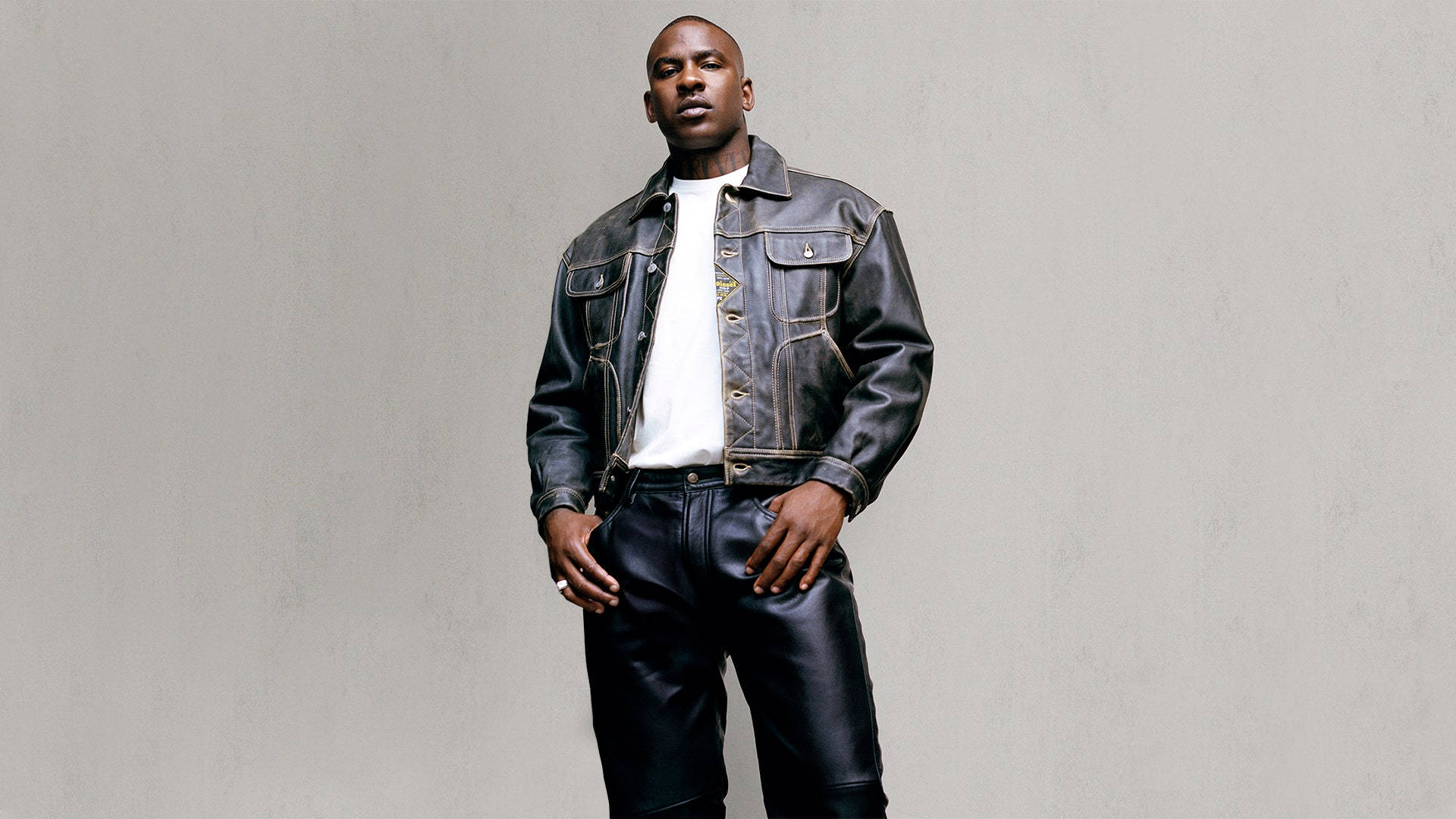 Skepta, black leather jacket, black leather pants, Full HD Desktop Wallpaper