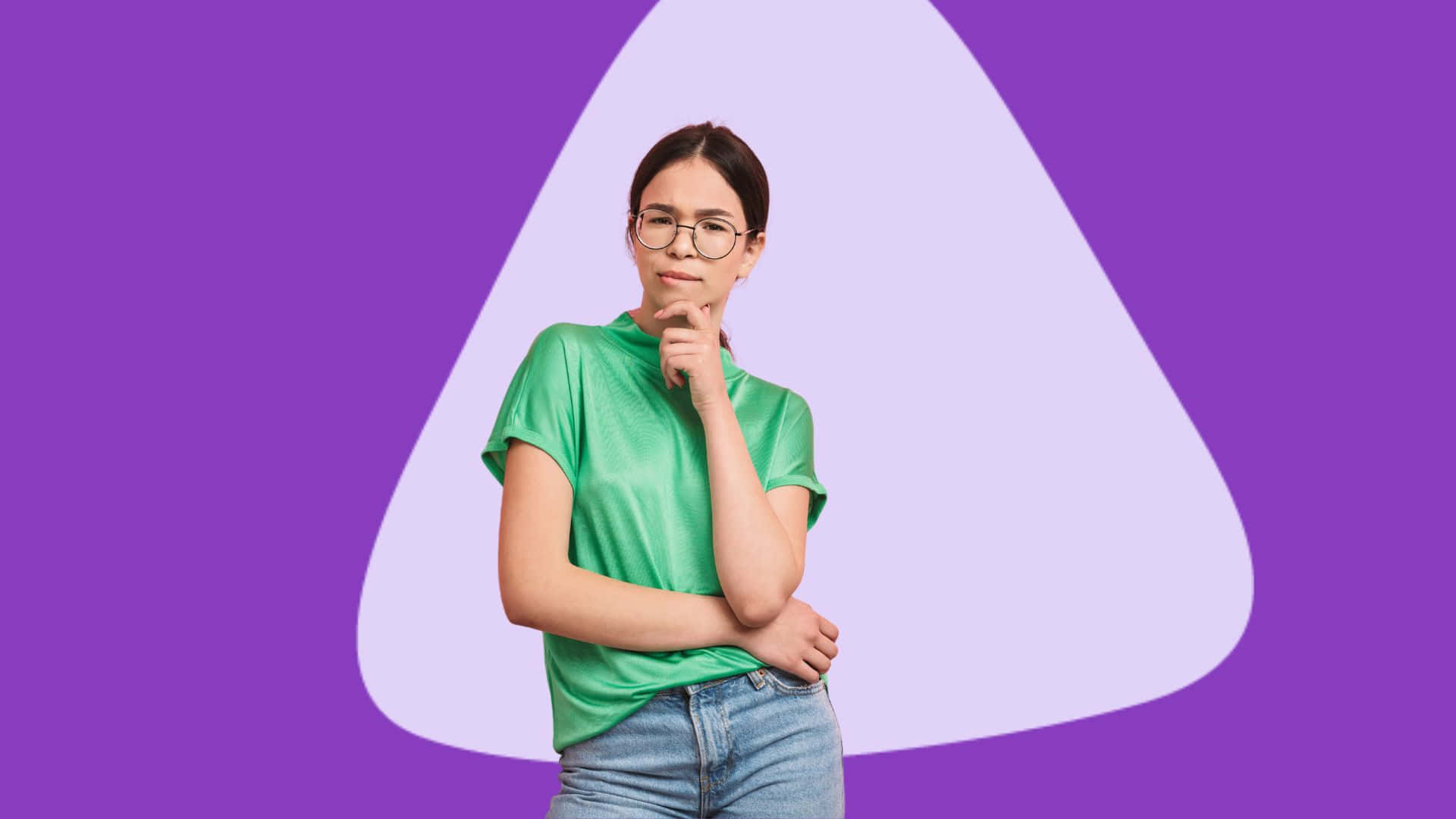 skeptical woman, glasses, green tshirt, Full HD Desktop Wallpaper