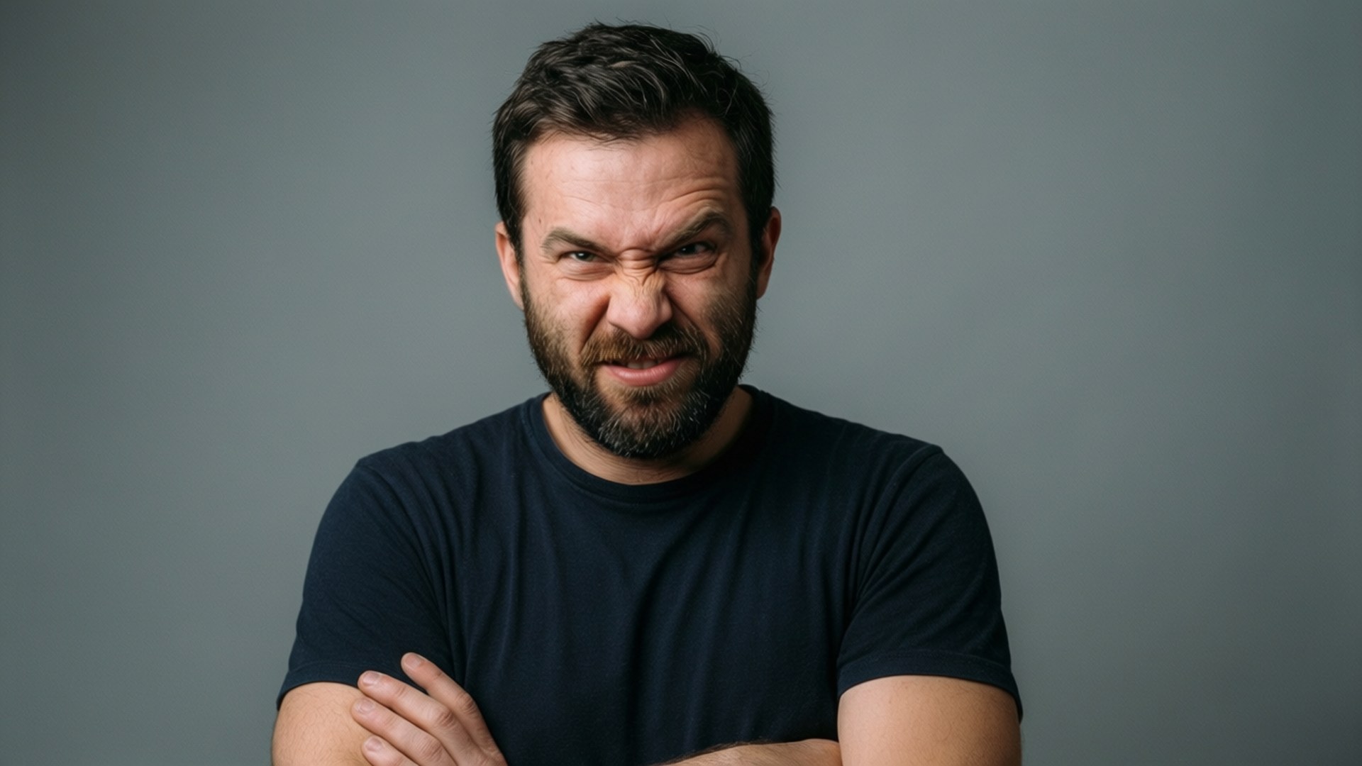 Skeptical Man Portrait, studio portrait, sarcastic smirk, Full HD Desktop Wallpaper
