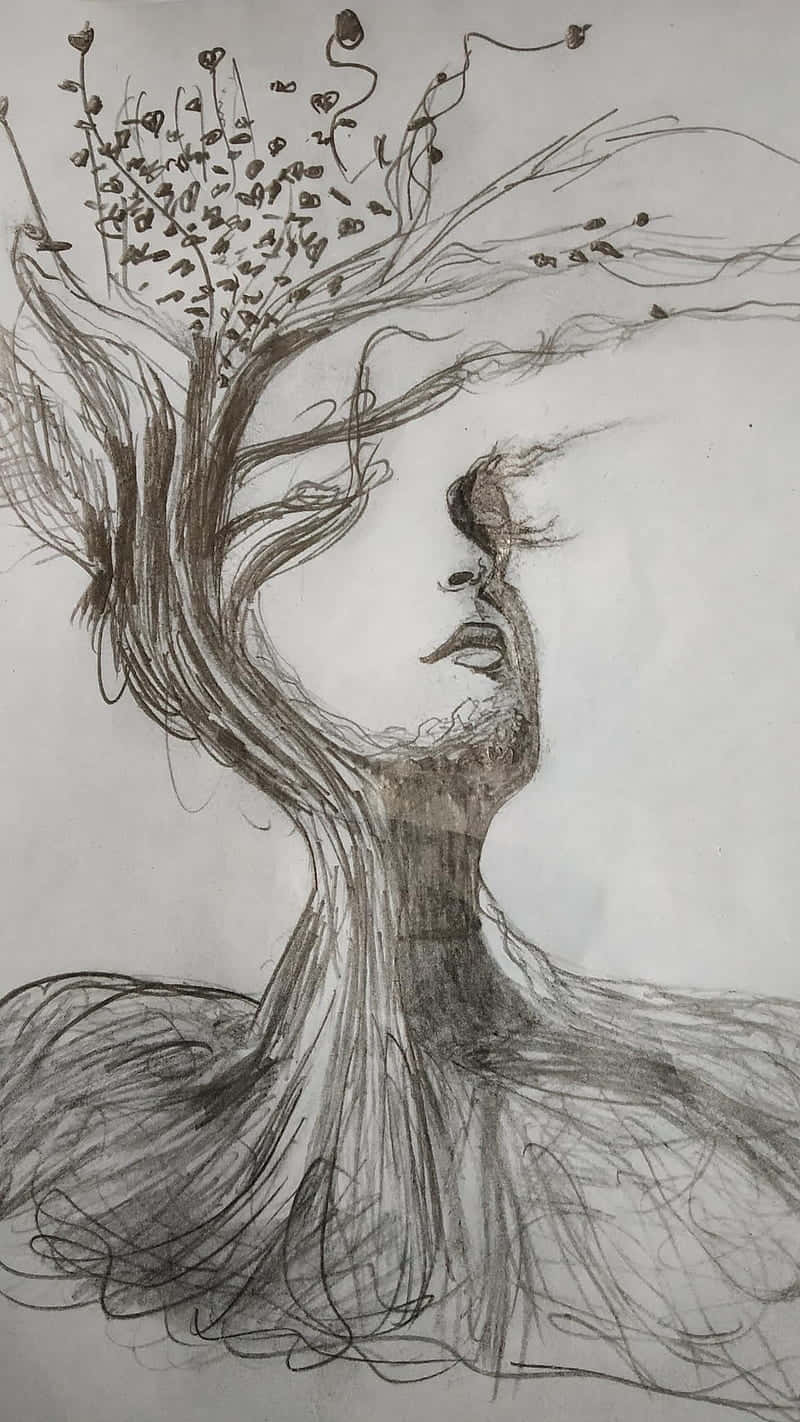 pencil sketch, woman's profile, tree, HD Phone Wallpaper