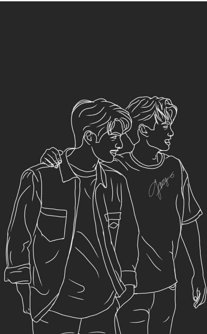 white line art, dark background, two young men, SD Phone Wallpaper