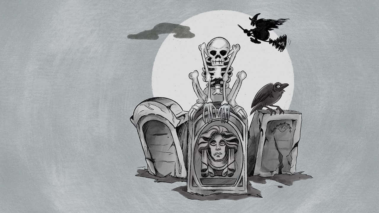 sketches, spooky graveyard scene, skeleton atop a tomb, HD Desktop Wallpaper