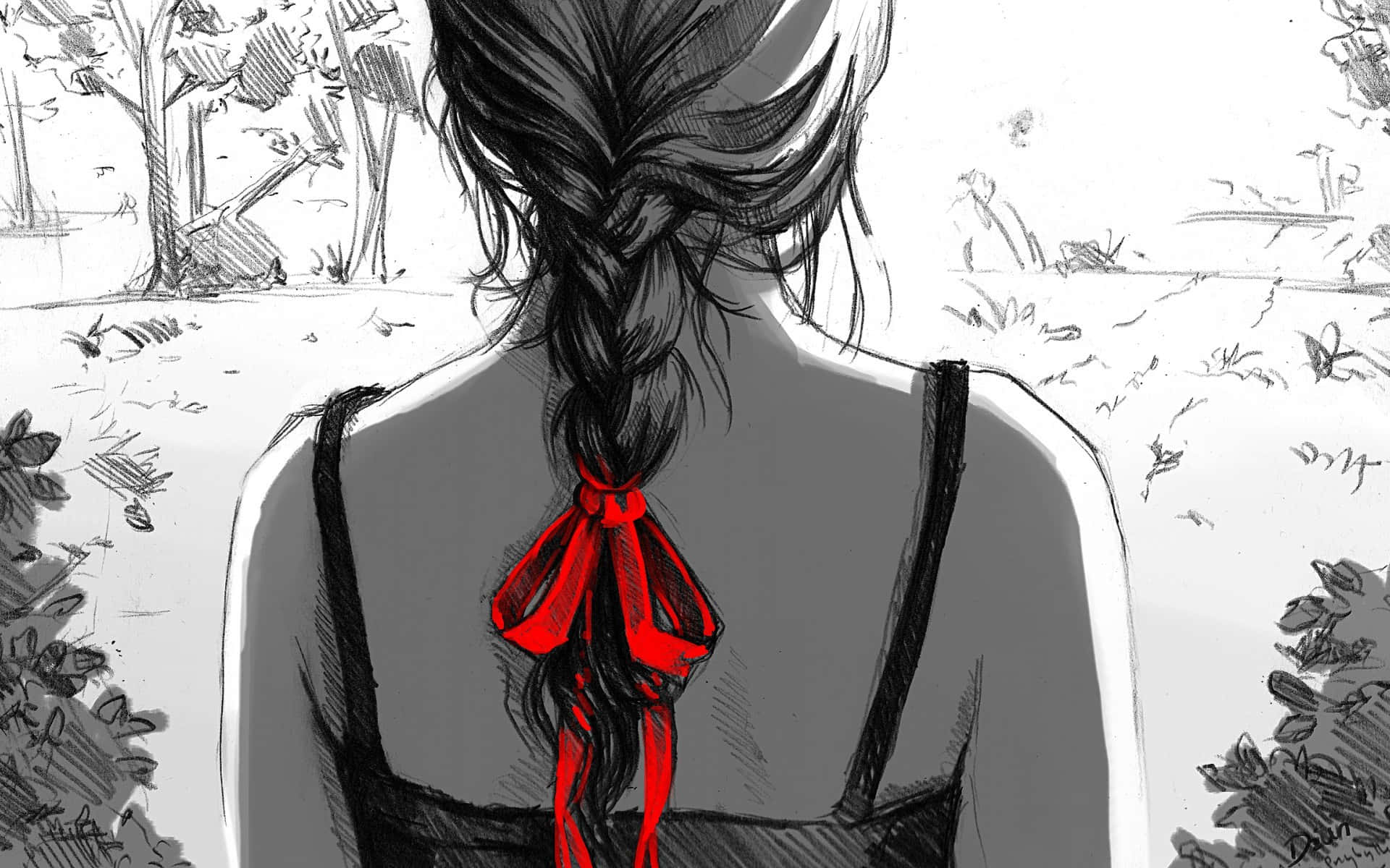 sketchy outdoor scene, red ribbon, braided hair, Full HD Desktop Wallpaper