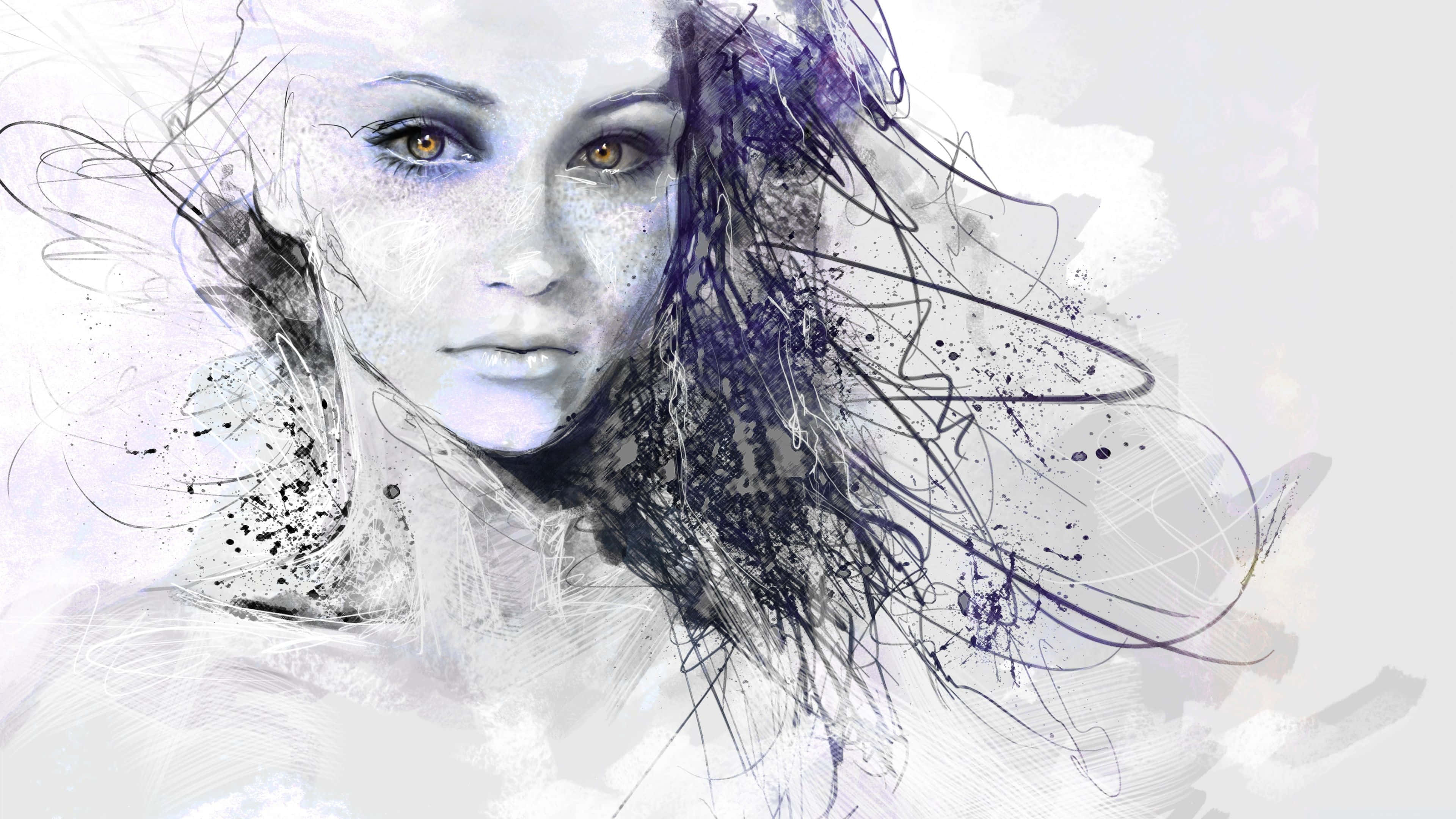 Sketches, amber eyes, dark hair, 4K Desktop Wallpaper
