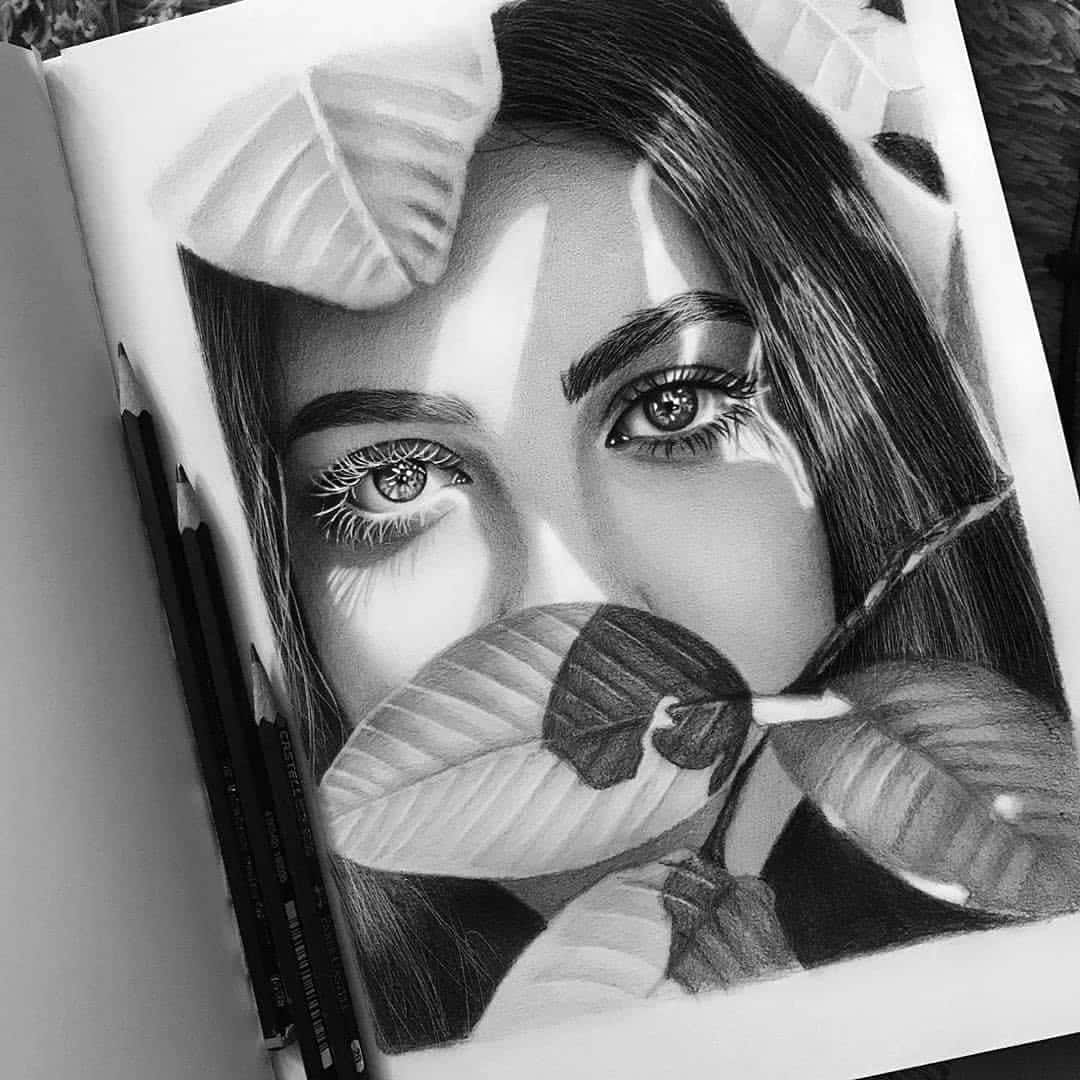 monochrome portrait sketch, black and white pencil drawing, woman's face, SD Desktop Wallpaper