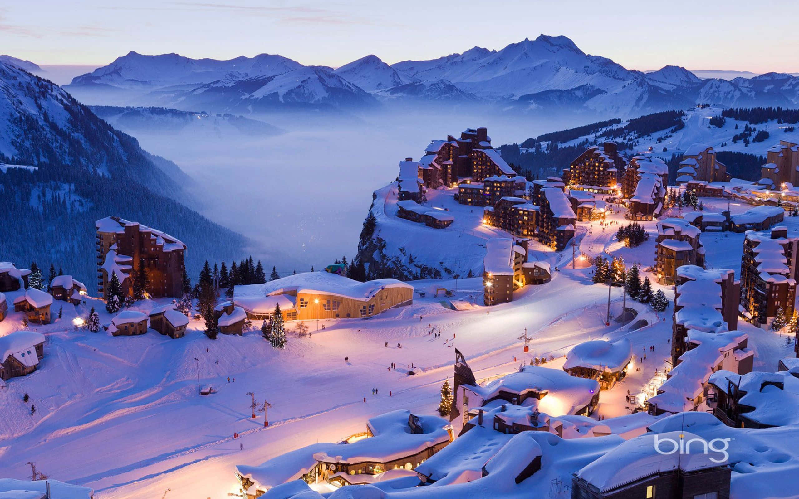 Ski Mountain, snow-covered mountain village, twinkling lights, 2K Desktop Wallpaper