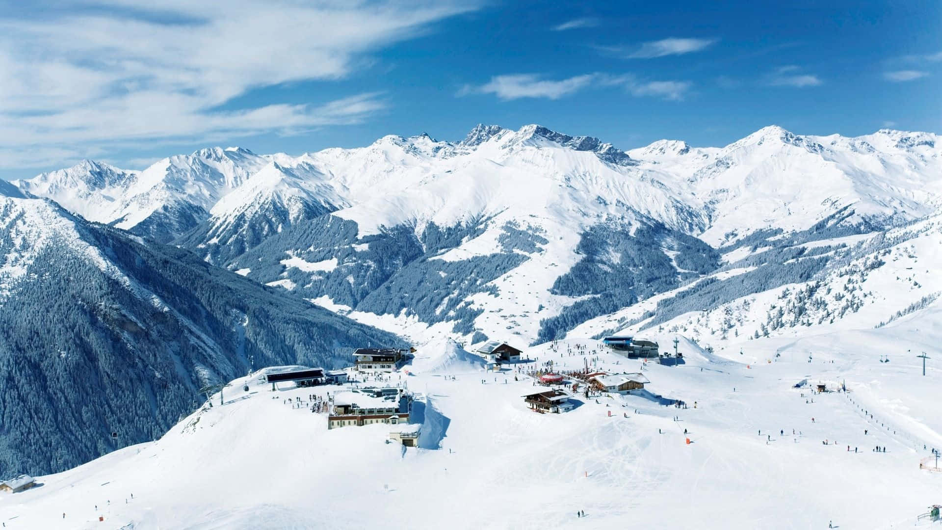 Ski Mountain, bustling ski resort, snow-covered mountains, Full HD Desktop Wallpaper