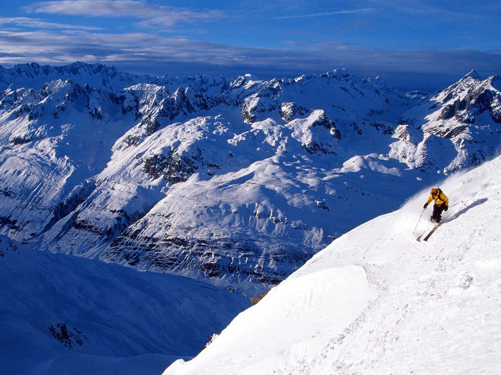 ski mountain, bright yellow jacket, steep snowy slope, HD Desktop Wallpaper