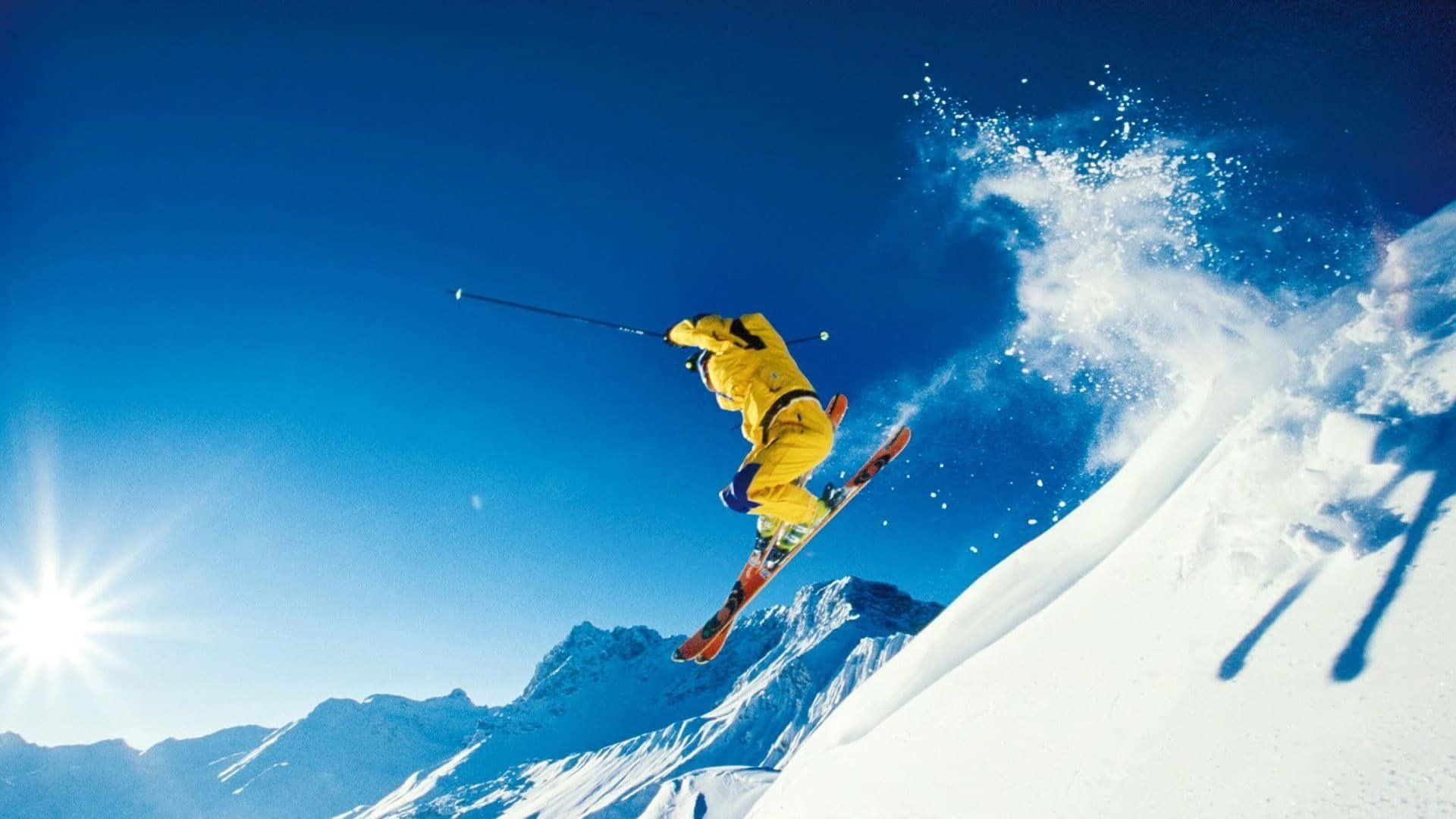 ski mountain, bright yellow suit, snowy mountain slope, Full HD Desktop Wallpaper