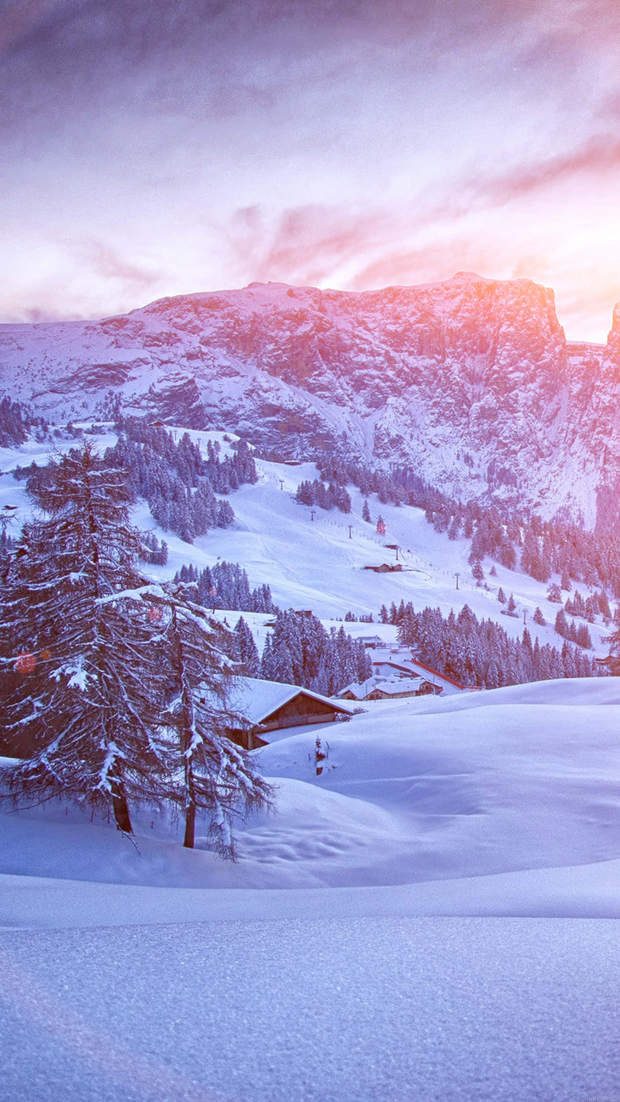 Ski Mountain, sunset, wooden cabin, Full HD Phone Wallpaper