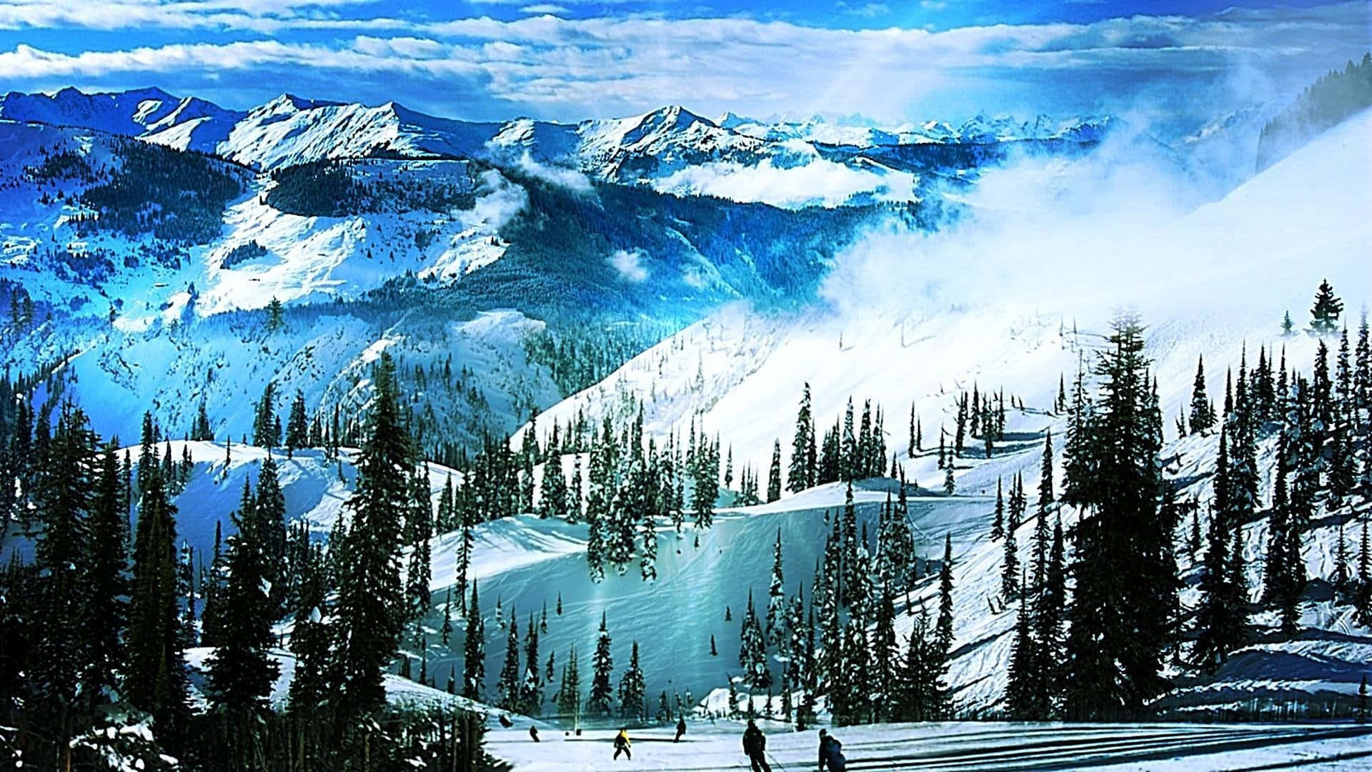 Ski Mountain, pine trees, snowy mountain peaks, Full HD Desktop Wallpaper