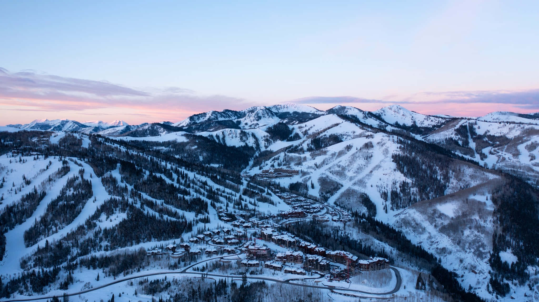 Ski Mountain, snowy mountain resort town, twilight, Full HD Desktop Wallpaper