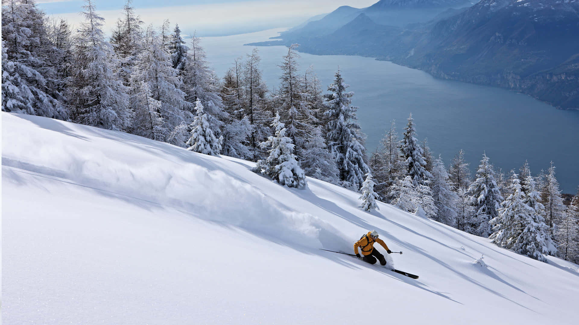 snow-capped mountains, ski trails, fresh powder snow, Full HD Desktop Wallpaper