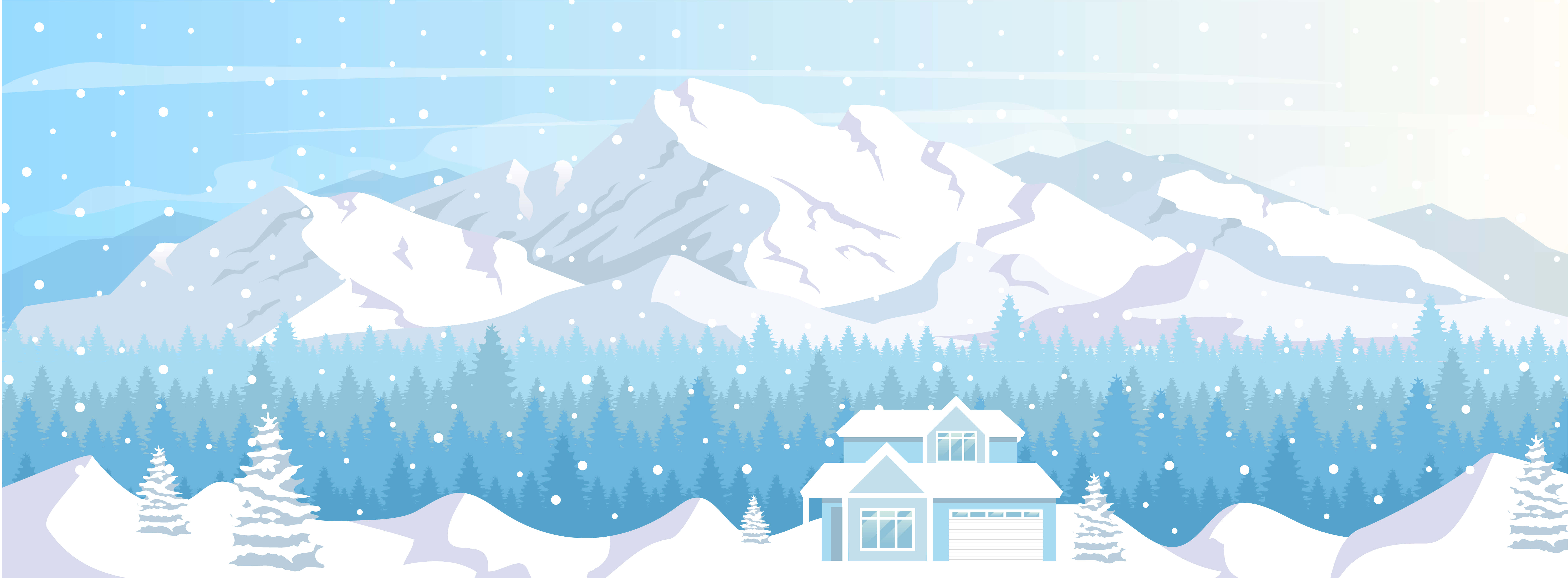 Ski Mountain, snow-covered house, pine forest, 5K Desktop Wallpaper