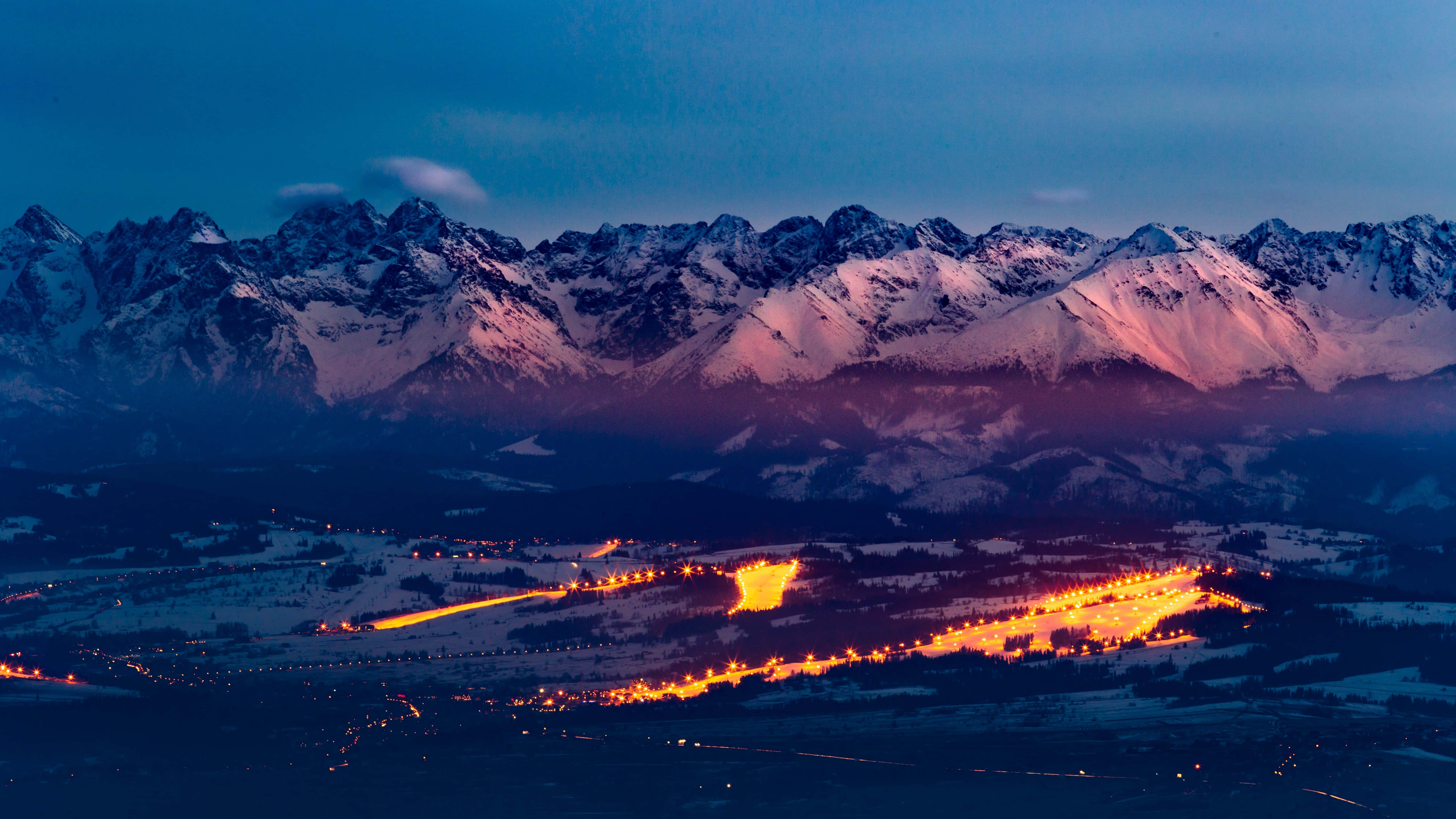 Ski Mountain, snowcapped mountains, dusk, 5K Desktop Wallpaper