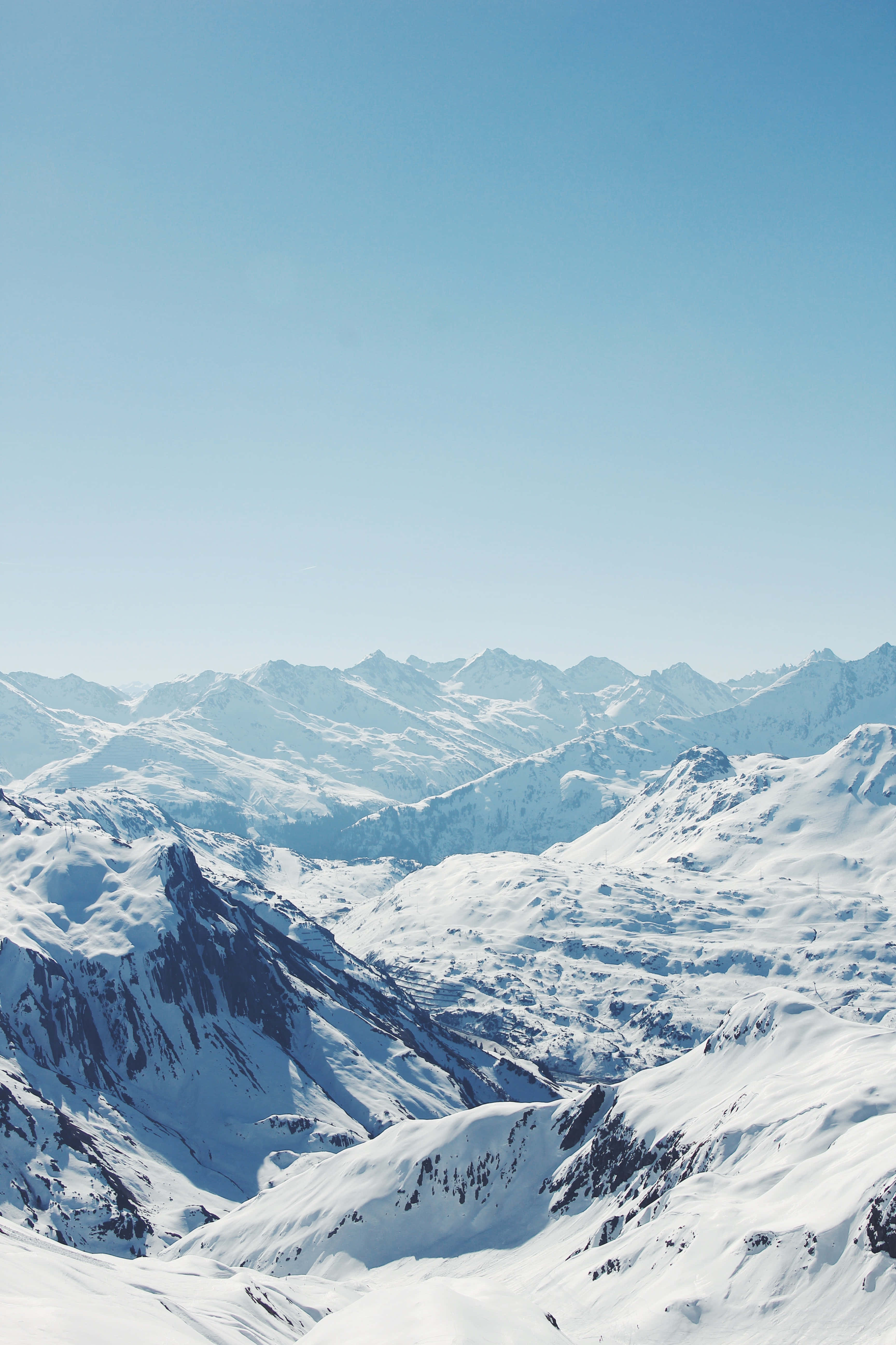 Ski Mountain, snow-covered mountain range, clear blue sky, 5K Phone Wallpaper