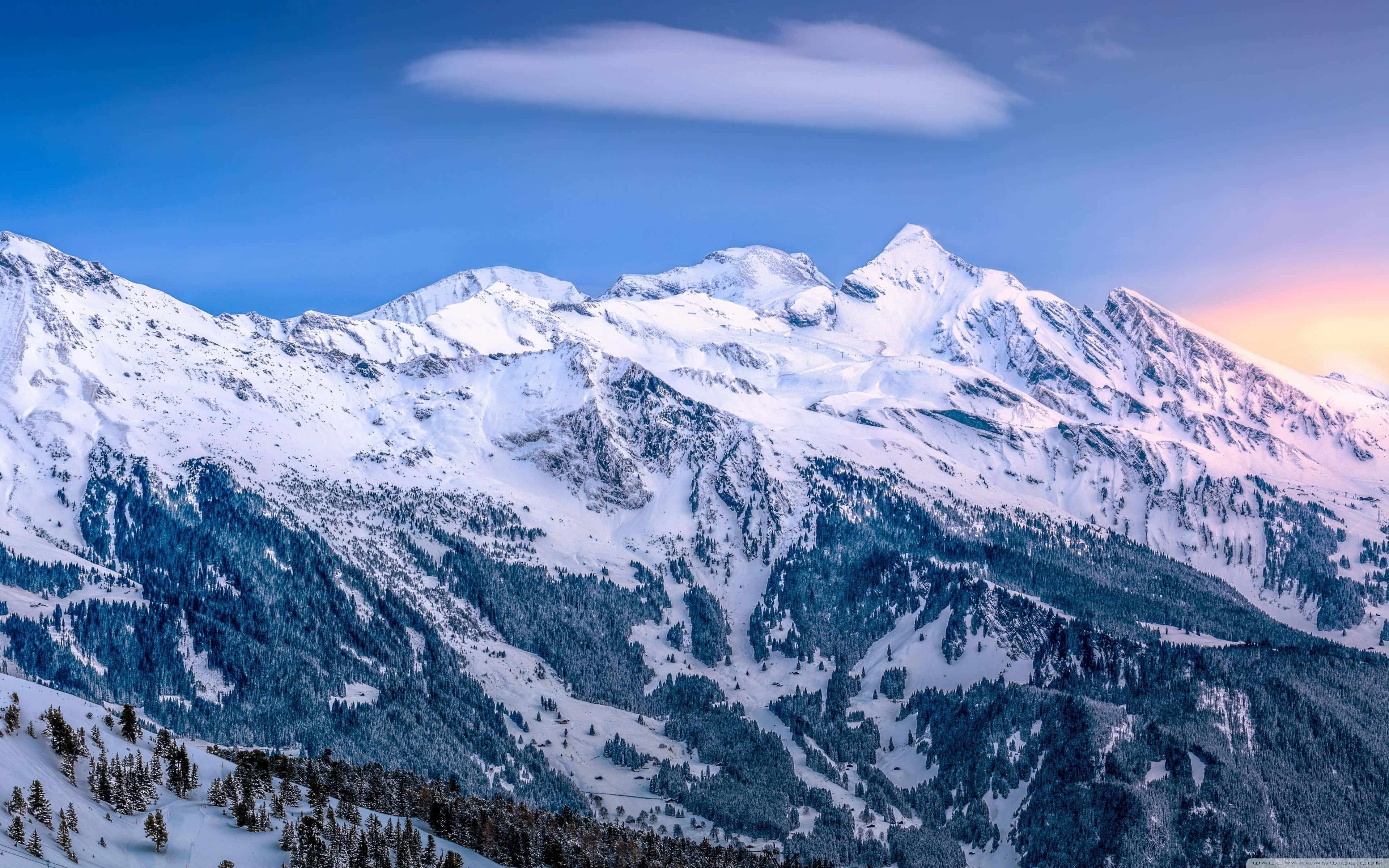 Ski Mountain, twilight sky, soft pink and blue hues, 4K Desktop Wallpaper