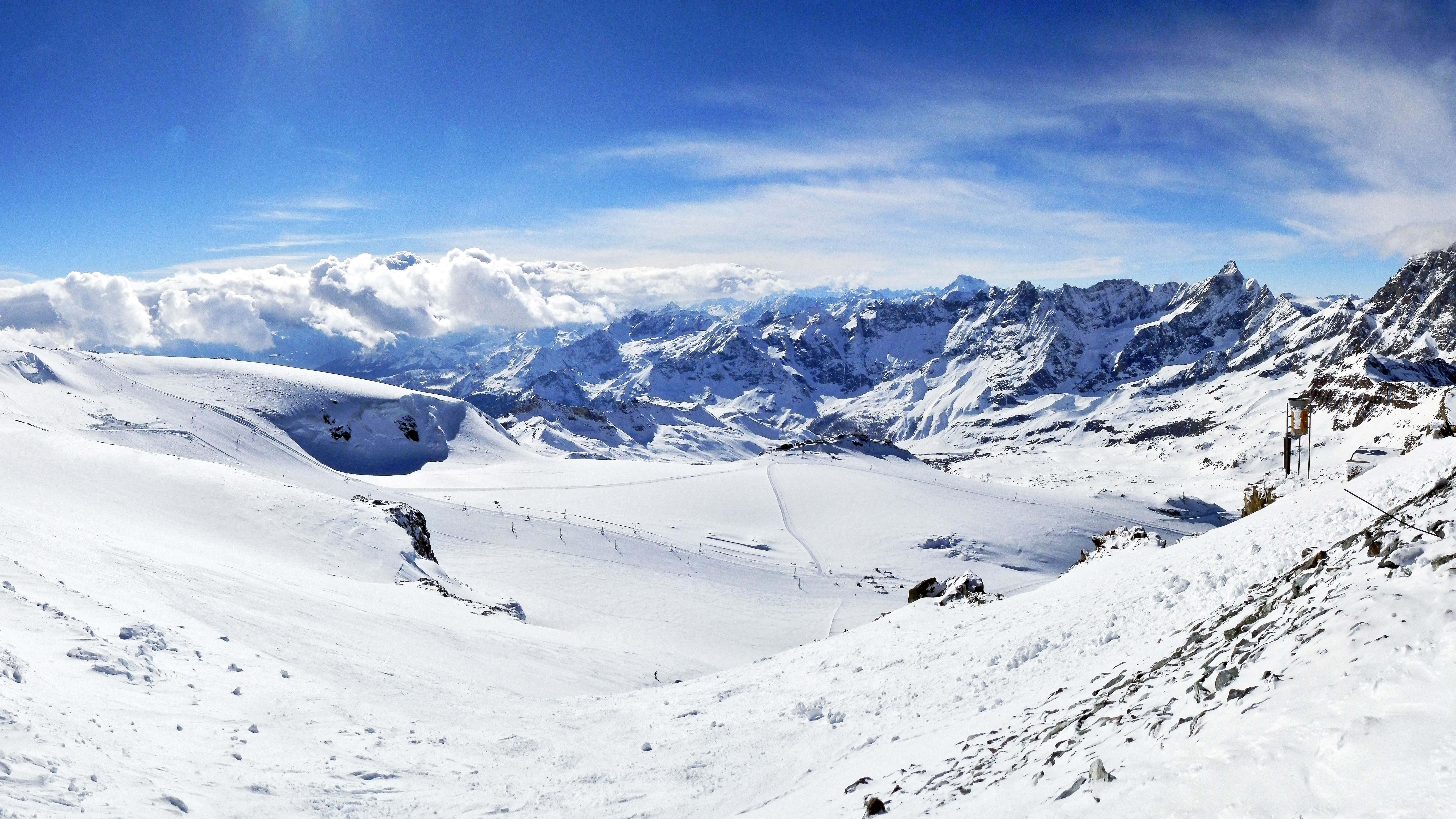 Ski Mountain, snow-covered mountain peaks, bright blue sky, 5K Desktop Wallpaper