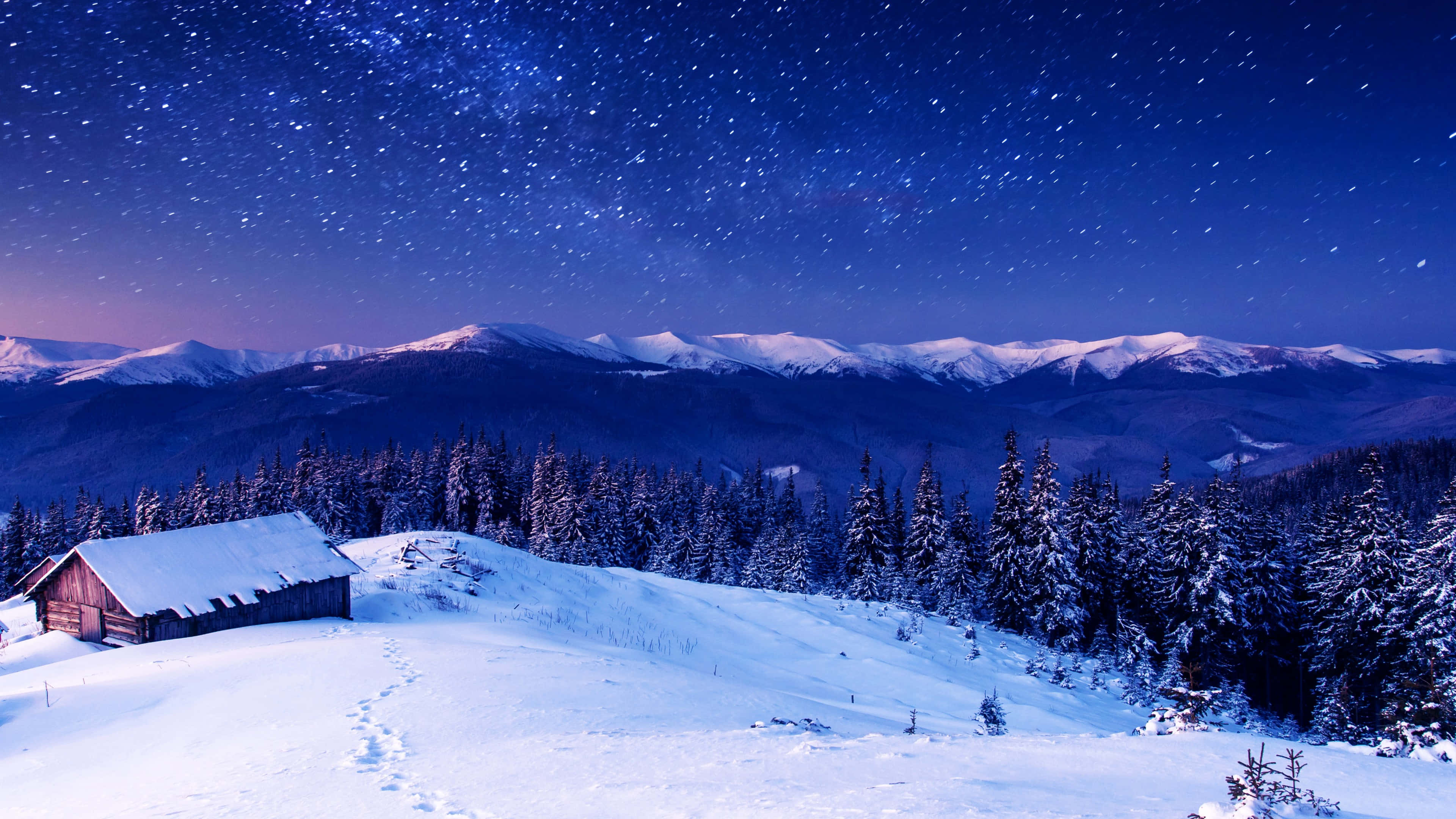Ski Mountain, snow-covered cabin, winter forest, 4K Desktop Wallpaper