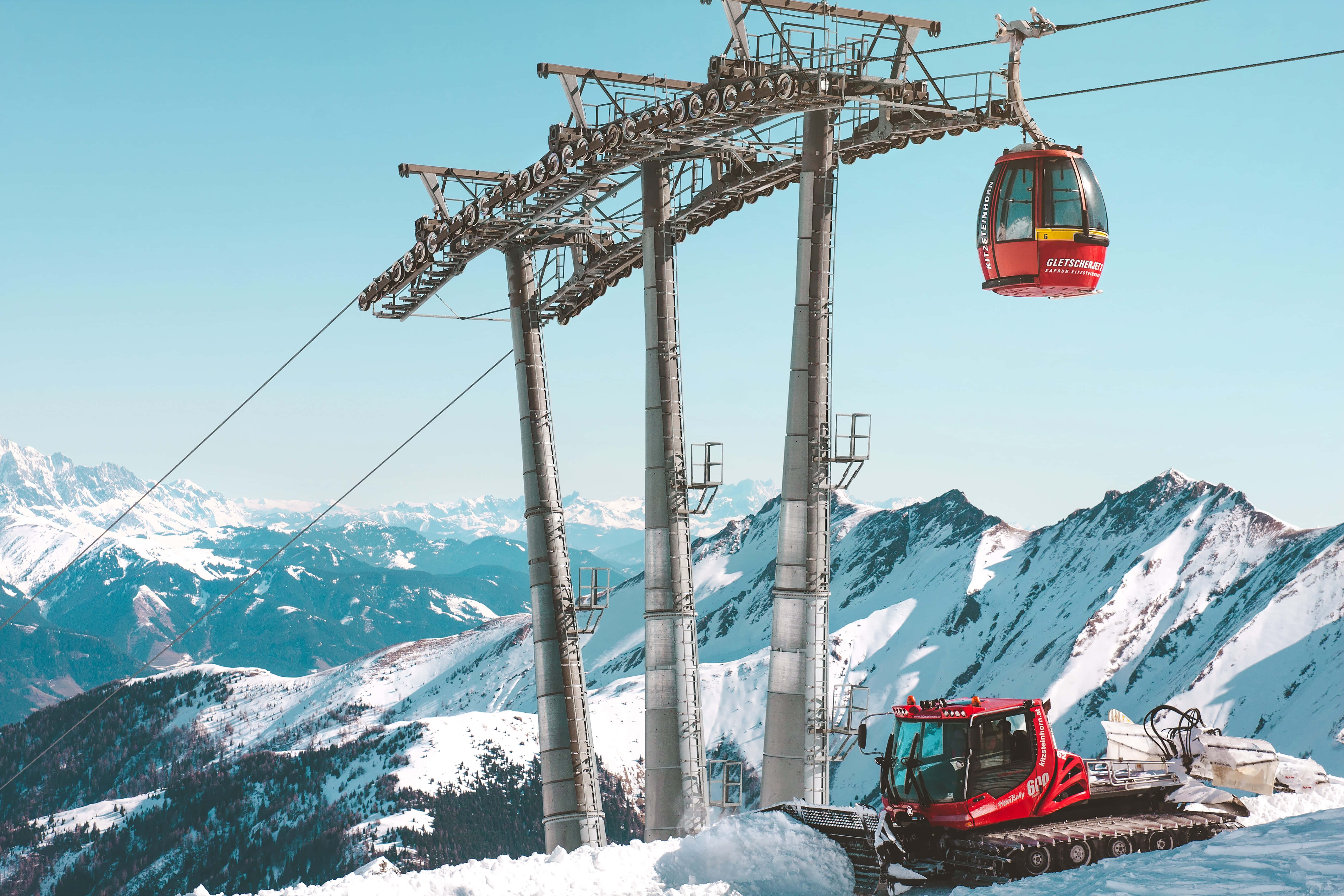 red cable car, snow-covered peaks, red snowcat, 5K Desktop Wallpaper