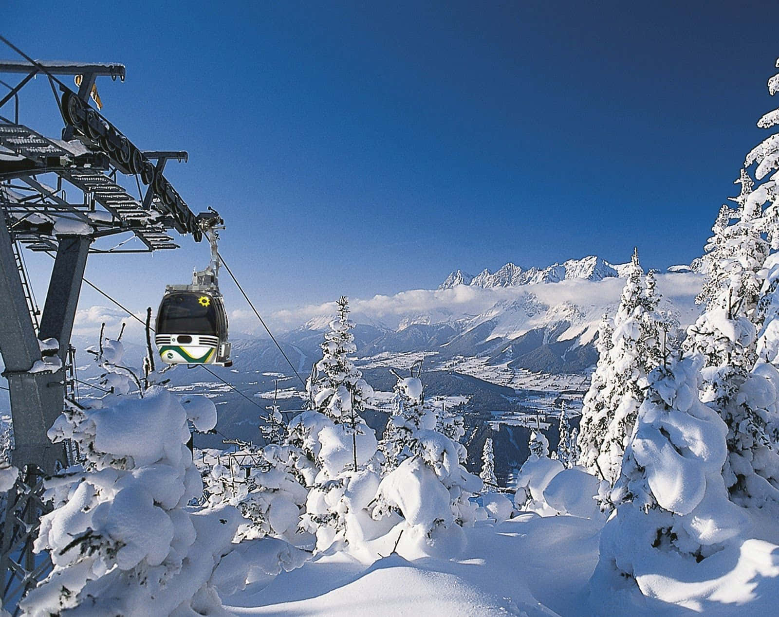 ski mountain, gondola, snow-laden pines, HD Desktop Wallpaper