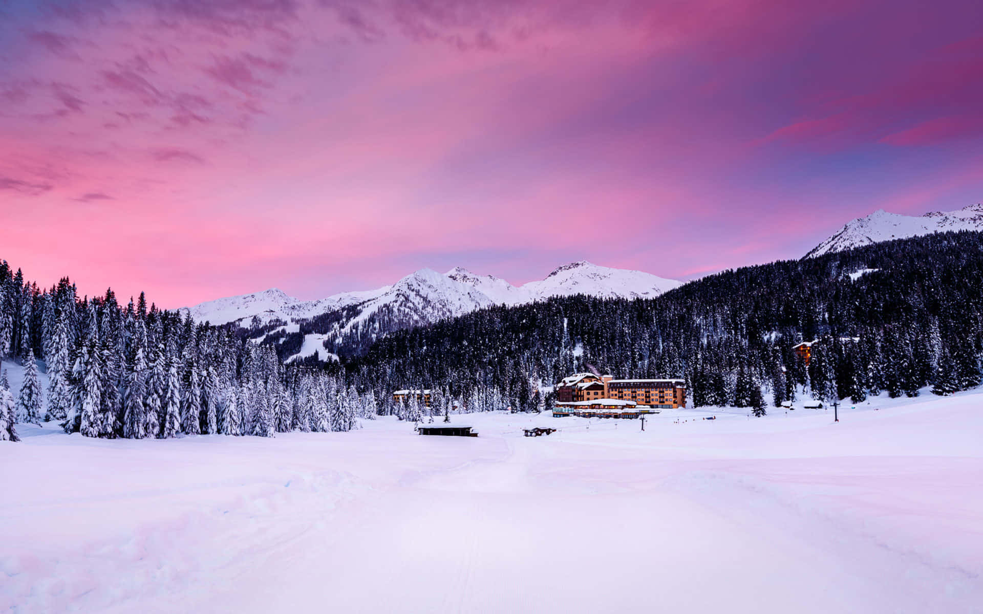 ski mountain, snow-covered mountain lodge, pine trees, Full HD Desktop Wallpaper