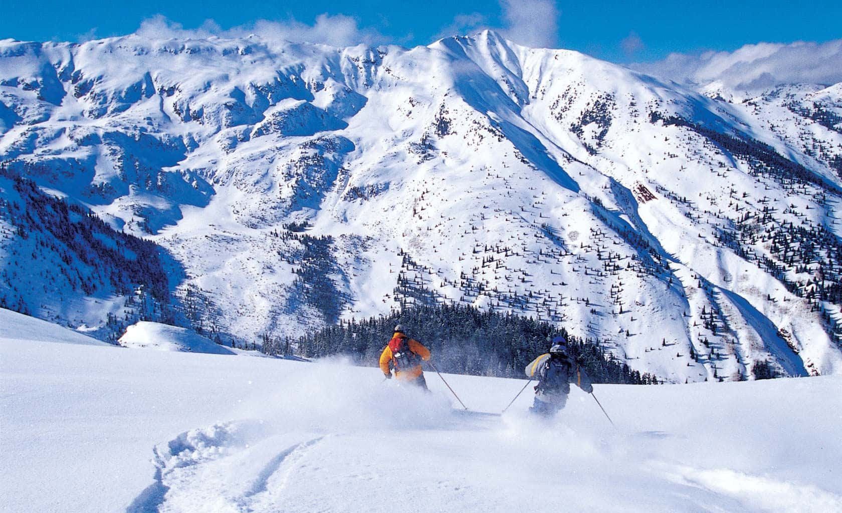 Ski Mountain, fresh powder snow, towering snow-capped mountains, HD Desktop Wallpaper
