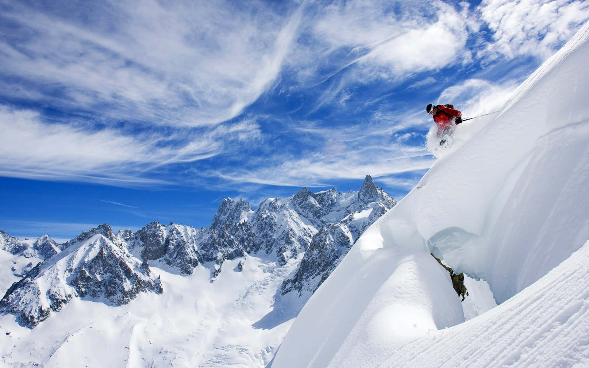 Ski Mountain, red, fresh powder, Full HD Desktop Wallpaper