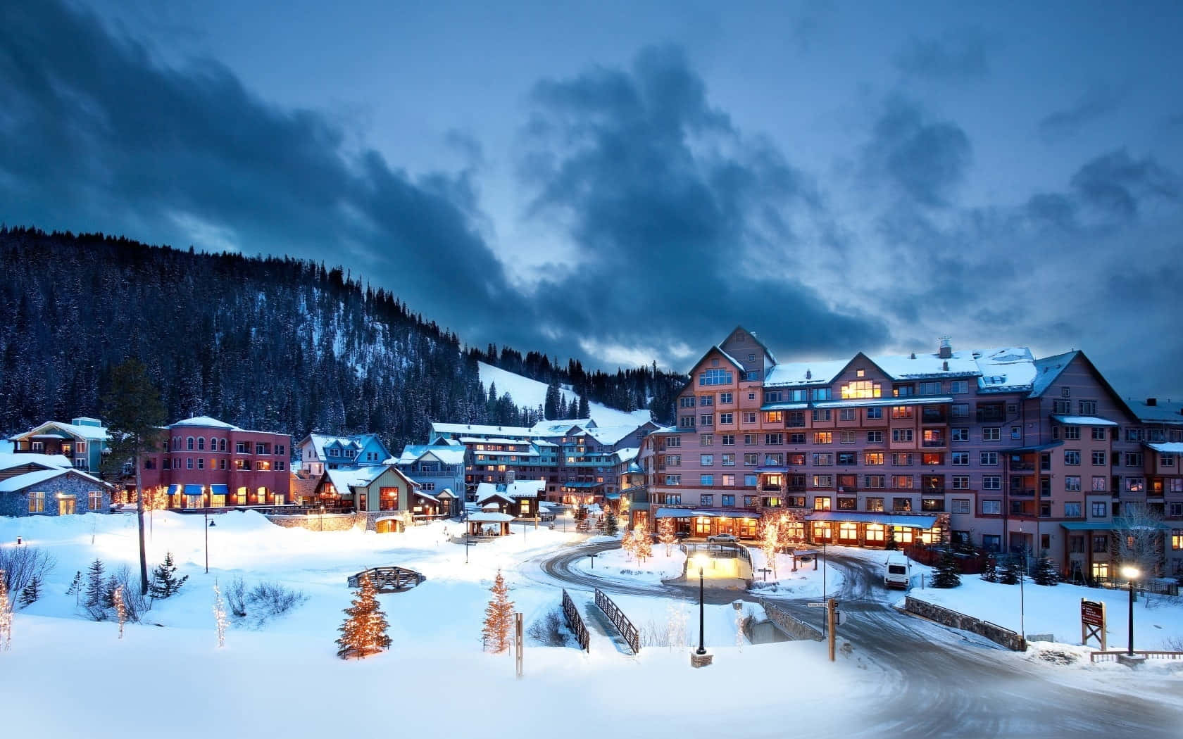 Ski Resort, Snow-Covered Mountains, Mountain Village, HD Desktop Wallpaper