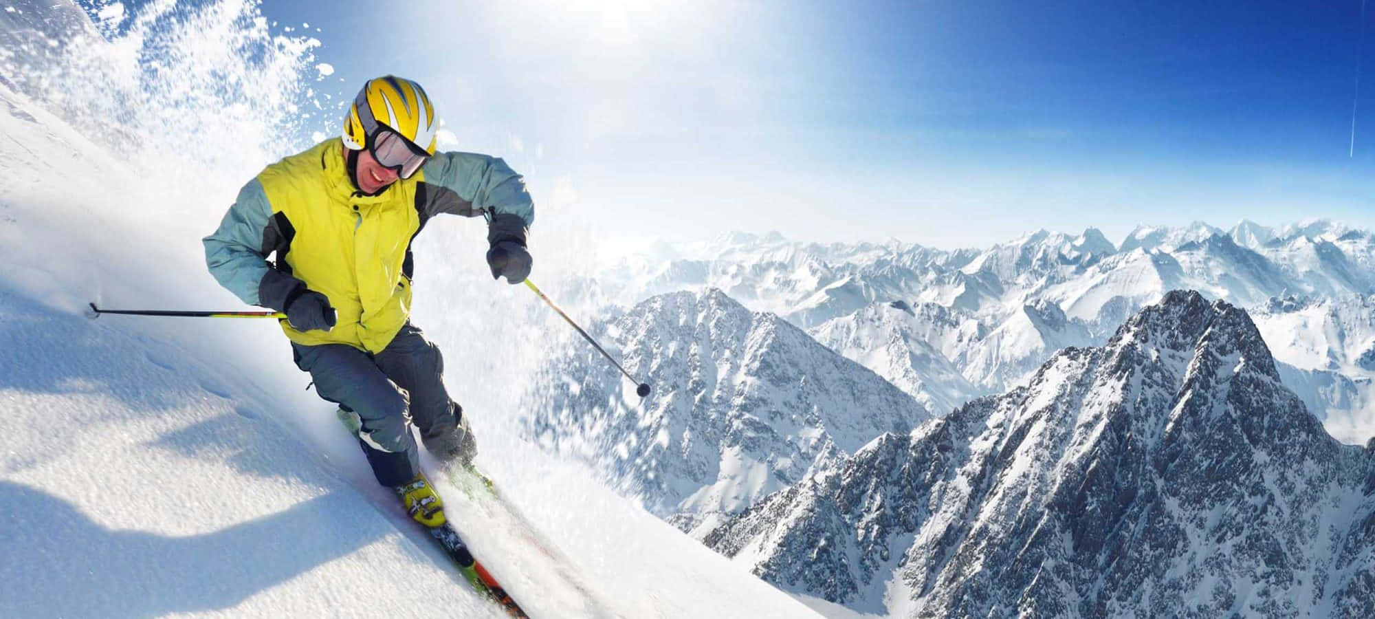 Ski Mountain, bright yellow jacket, snowy mountain slope, Full HD Desktop Wallpaper