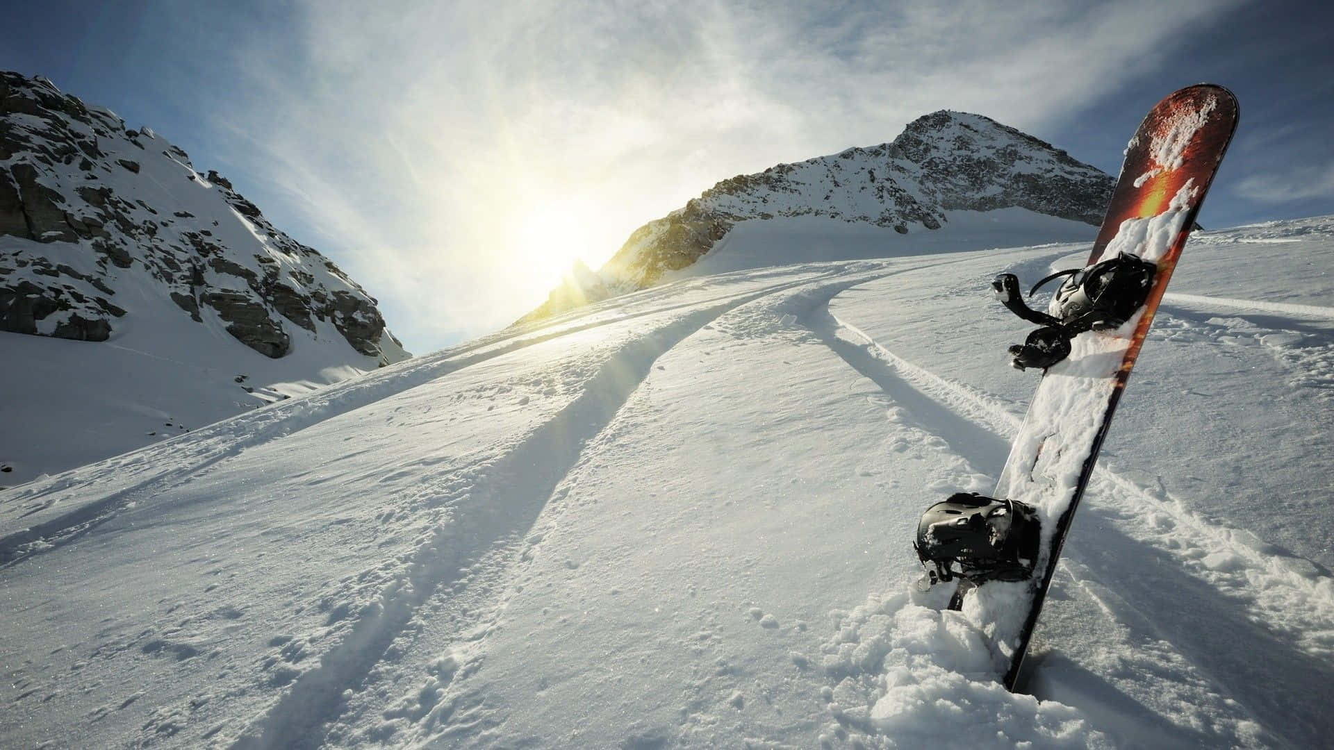 snowboard, fresh powder, sunlit mountain slope, Full HD Desktop Wallpaper