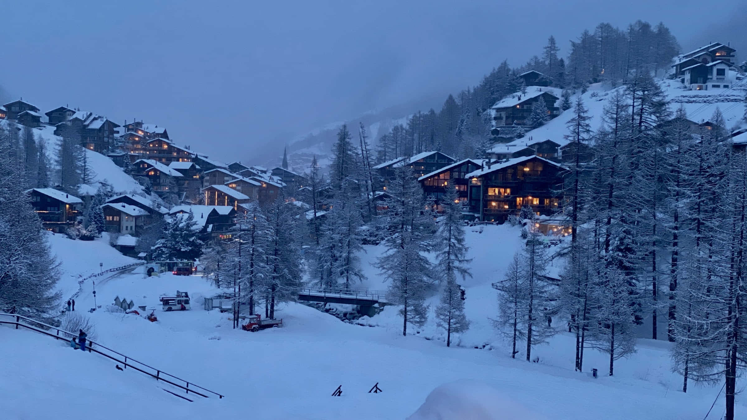 Ski Resort, twilight sky, snow-covered chalets, Full HD Desktop Wallpaper