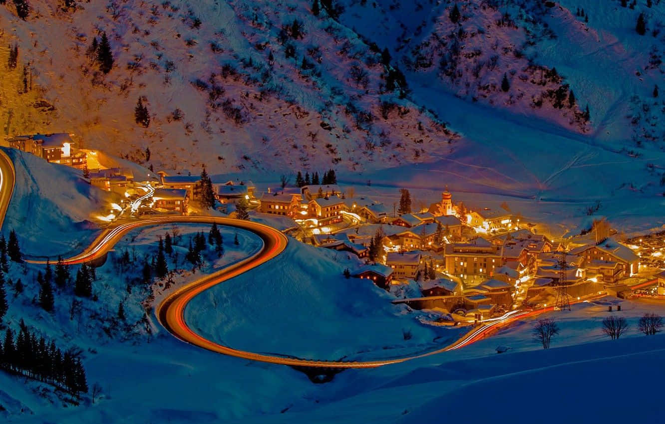 ski resort, slopes, sunset, HD Desktop Wallpaper