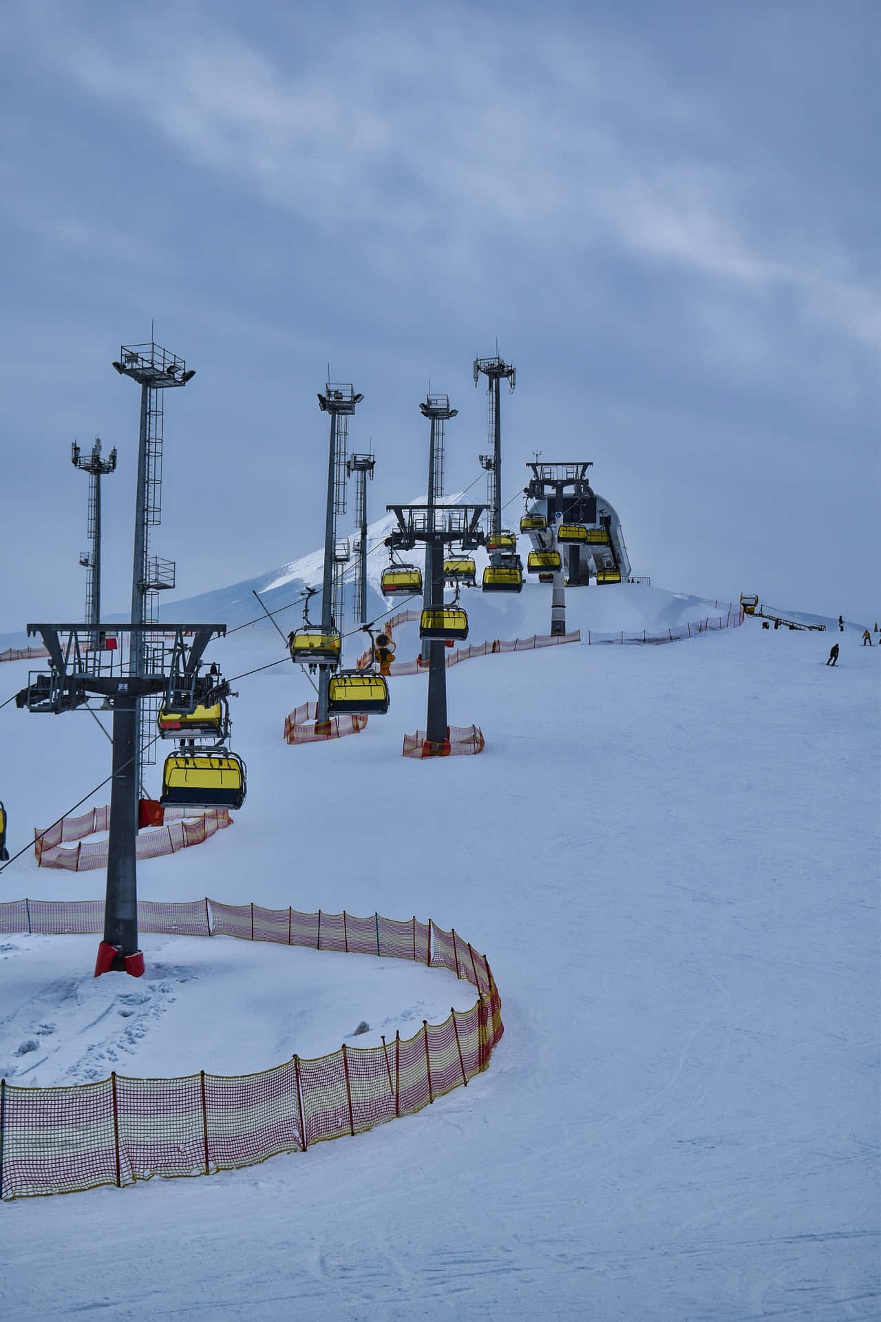 ski resort, snowy ski slope, yellow gondolas, Full HD Phone Wallpaper