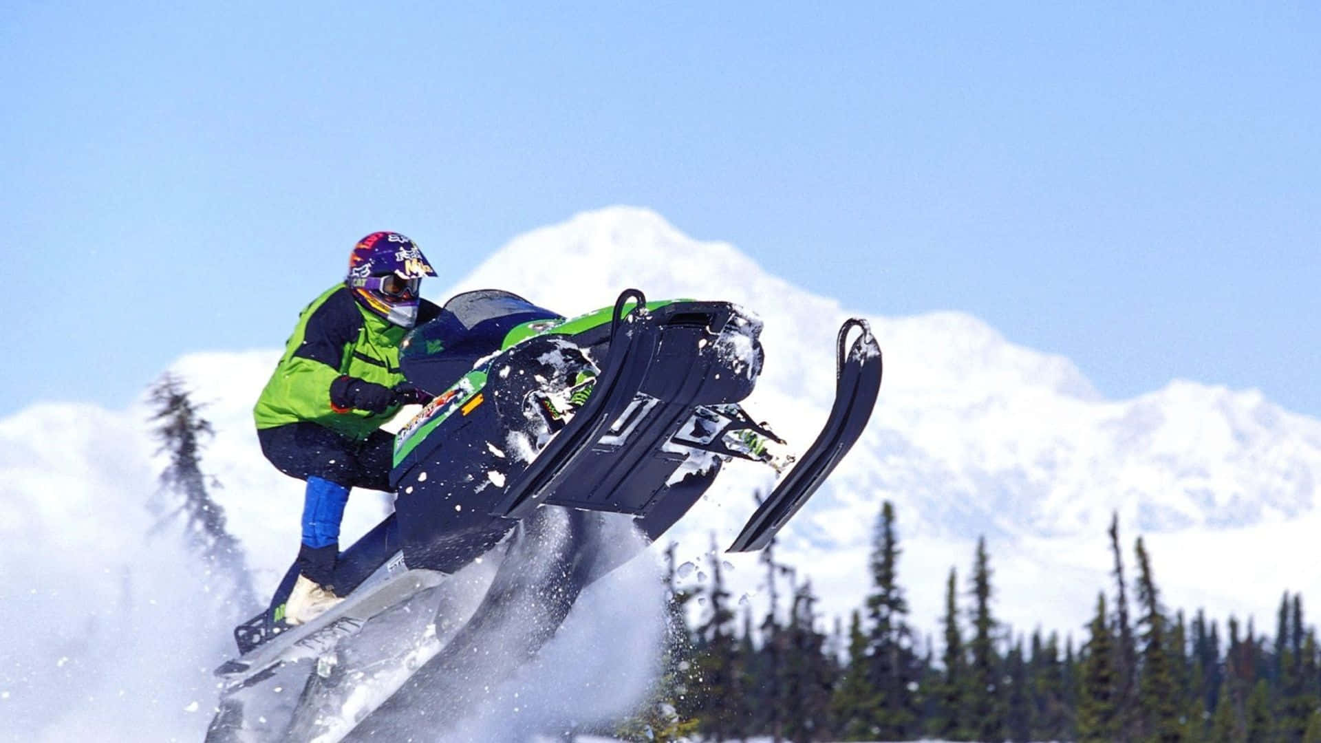 snowmobile rider, bright gear, snow-capped mountains, Full HD Desktop Wallpaper