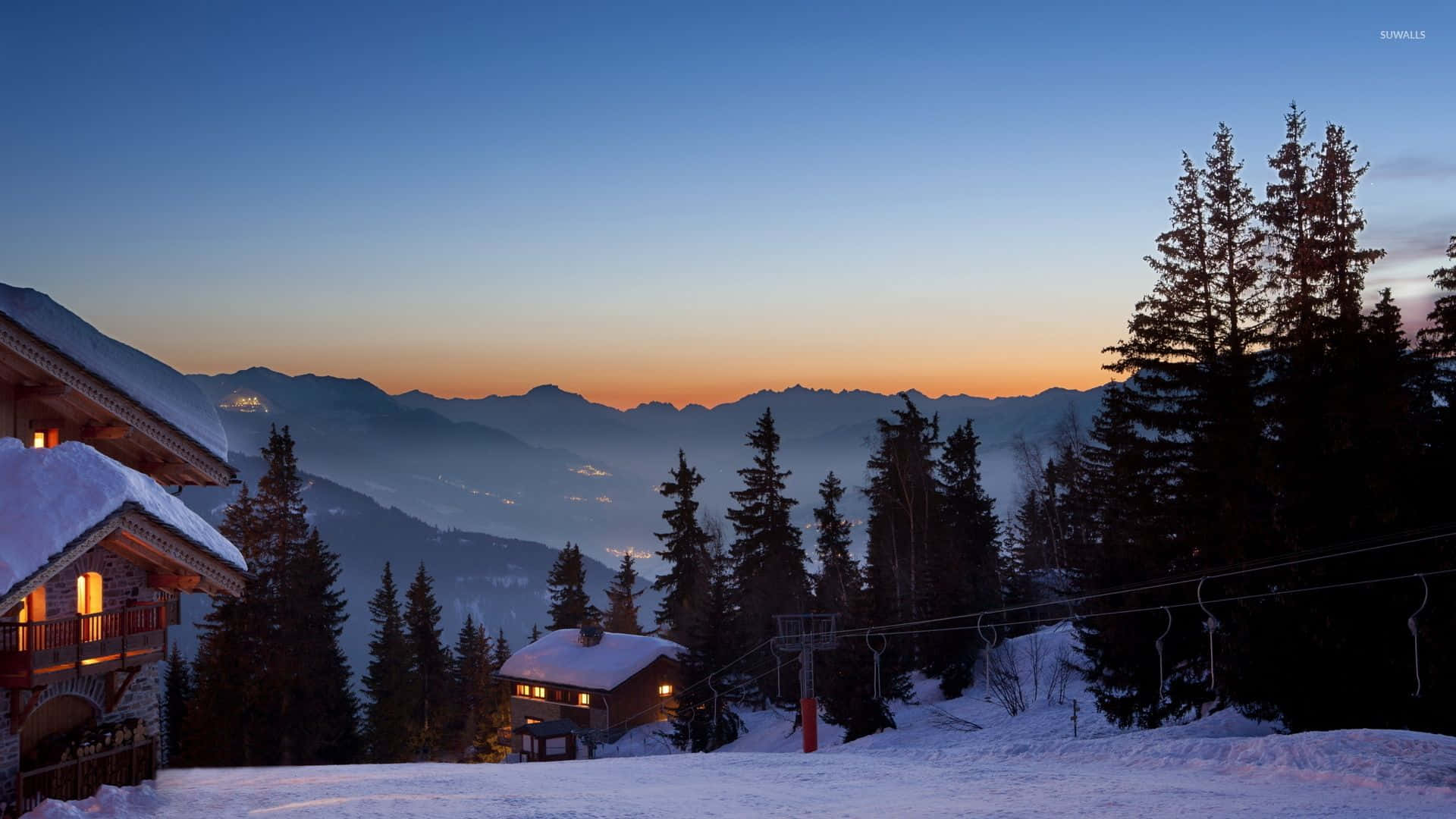 Ski Resort, snowy mountain chalets, dusk, Full HD Desktop Wallpaper