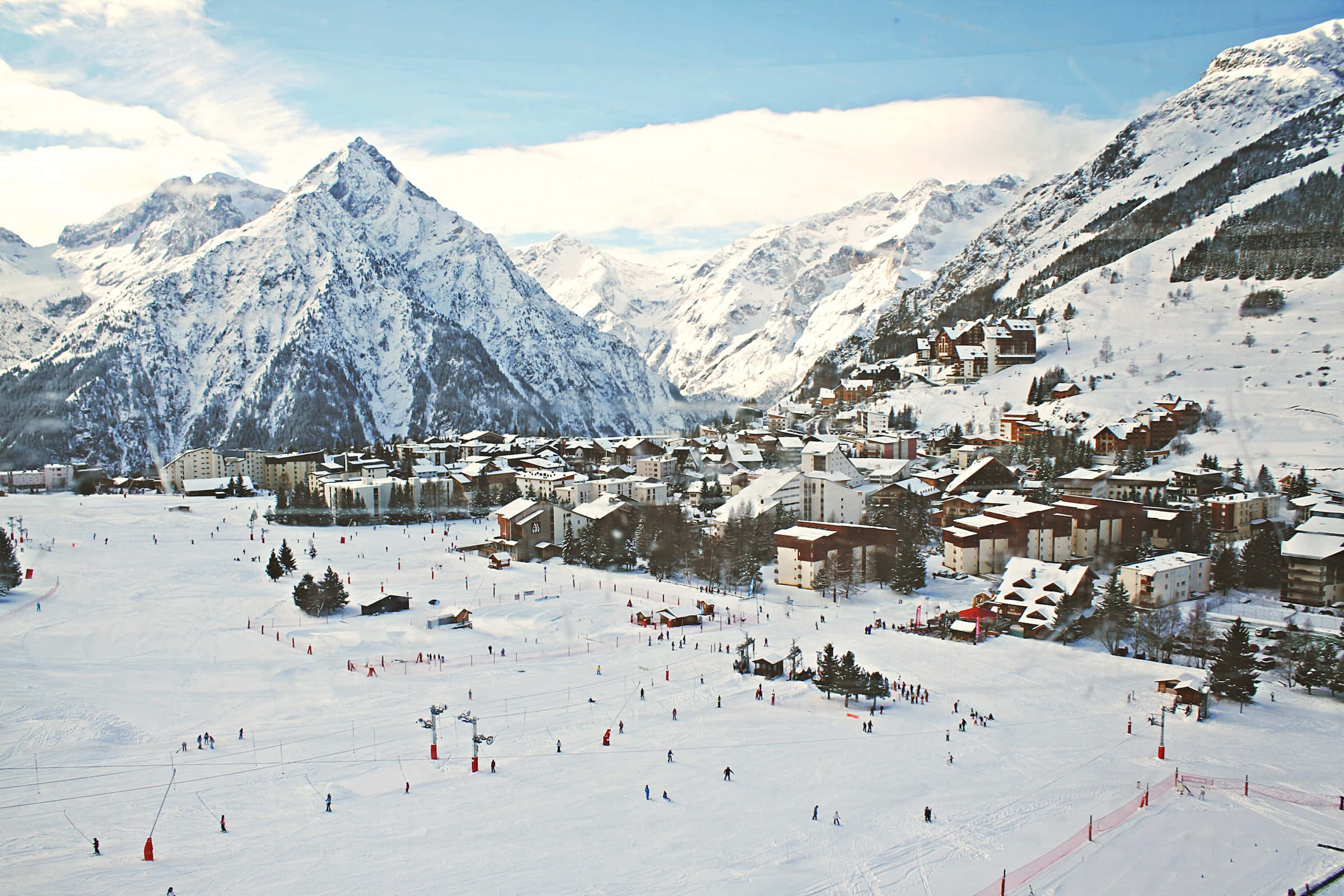 Ski Resort, snowy mountain village, skiers, Full HD Desktop Wallpaper