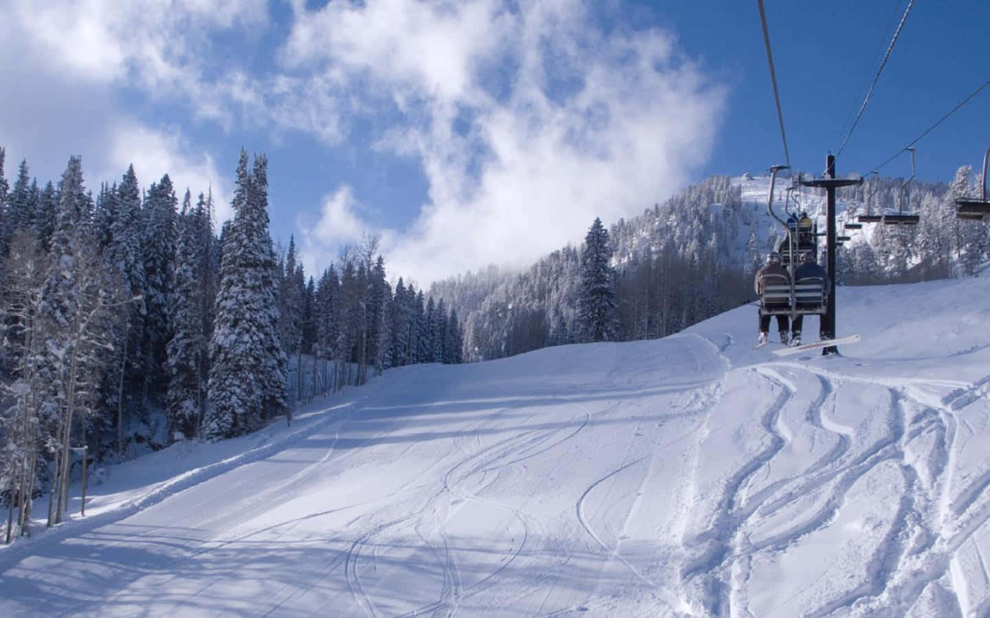 Ski Resort, snowy mountain slope, bright blue sky, HD Desktop Wallpaper