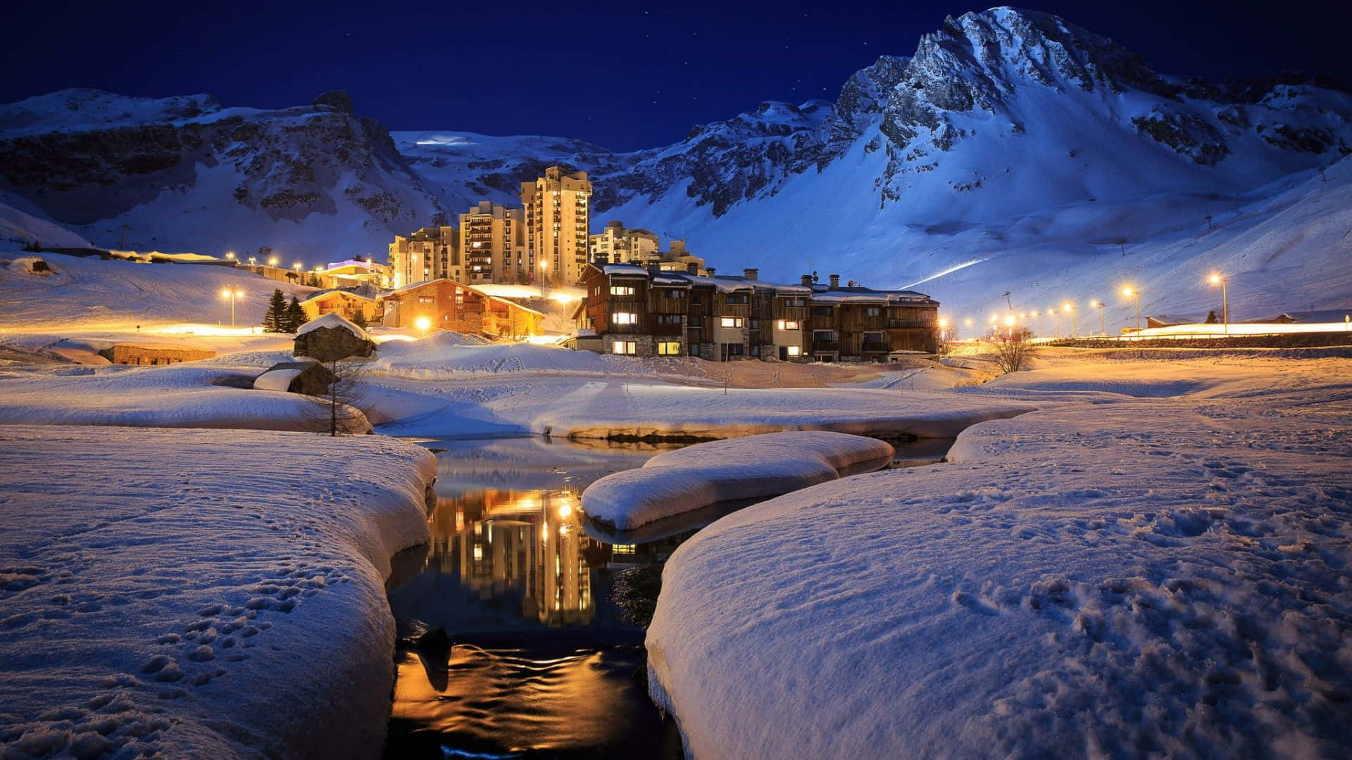 Ski Resort, Sunset, Snowy mountain village, Full HD Desktop Wallpaper