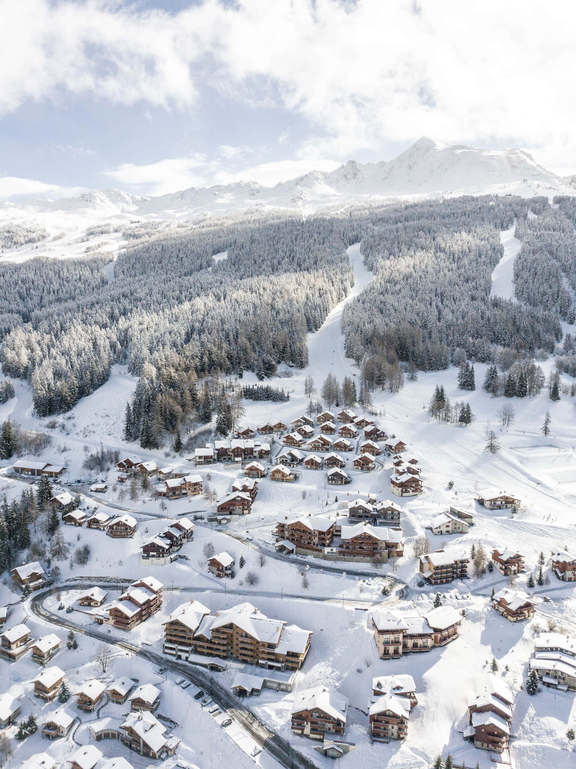 Ski Resort, snow-covered mountain village, evergreen forests, 2K Phone Wallpaper
