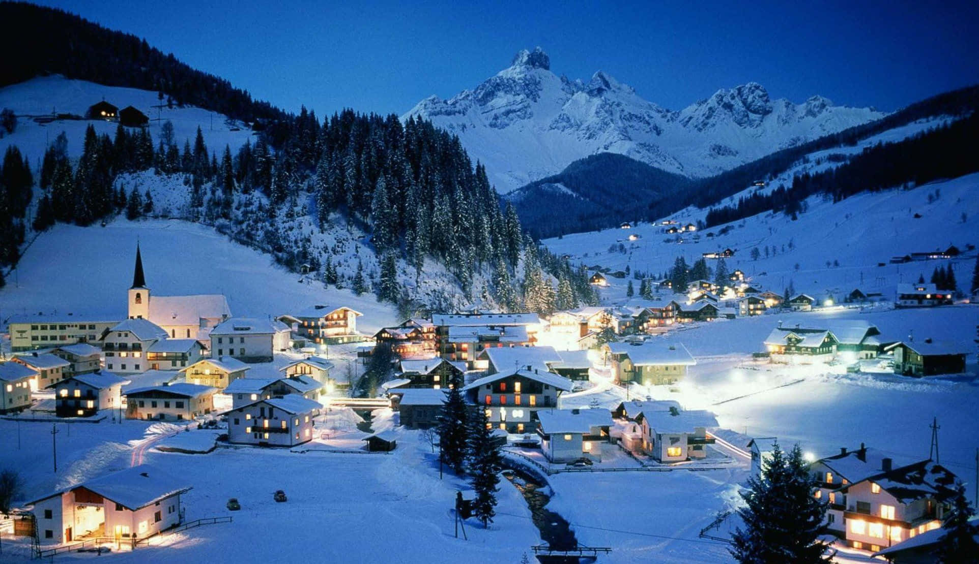 ski resort, snow-covered mountain village, dusk, Full HD Desktop Wallpaper