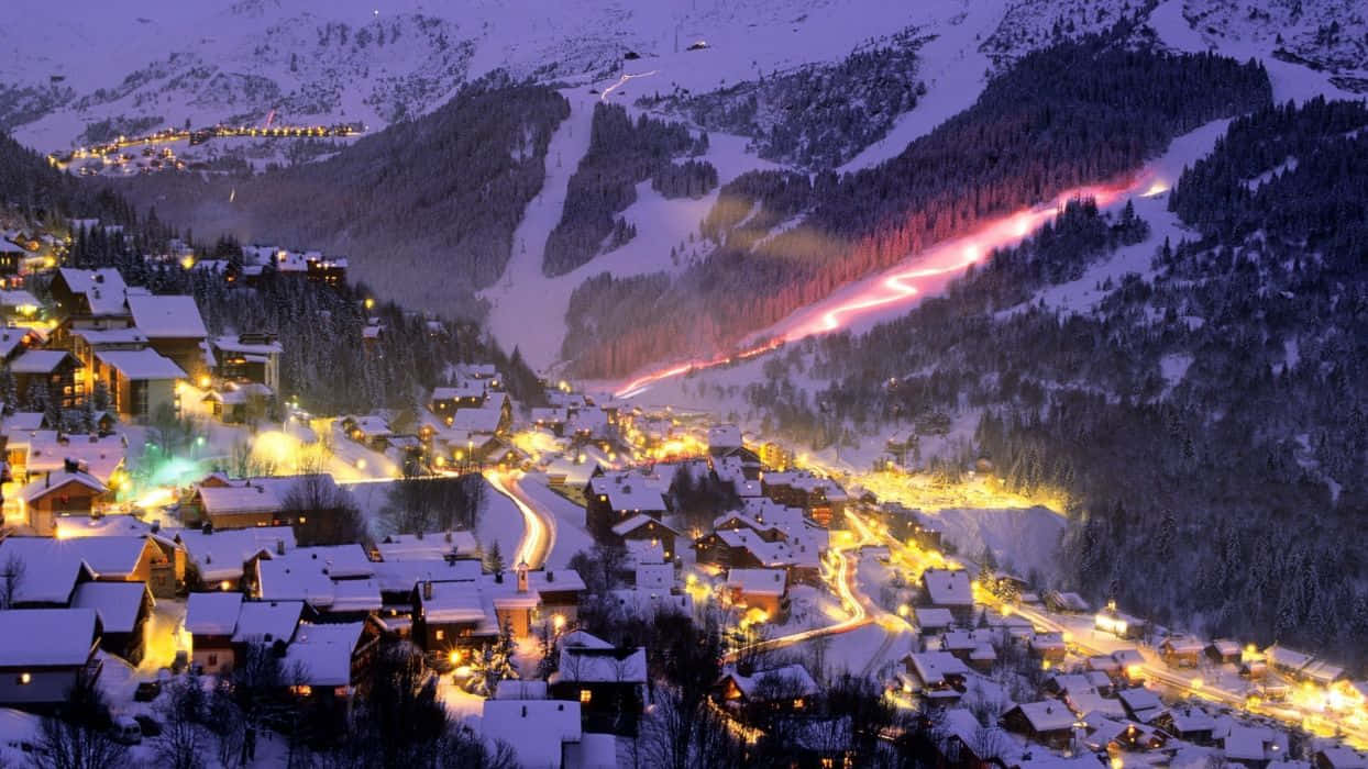 Ski Resort, snowy mountain village, dusk, SD Desktop Wallpaper