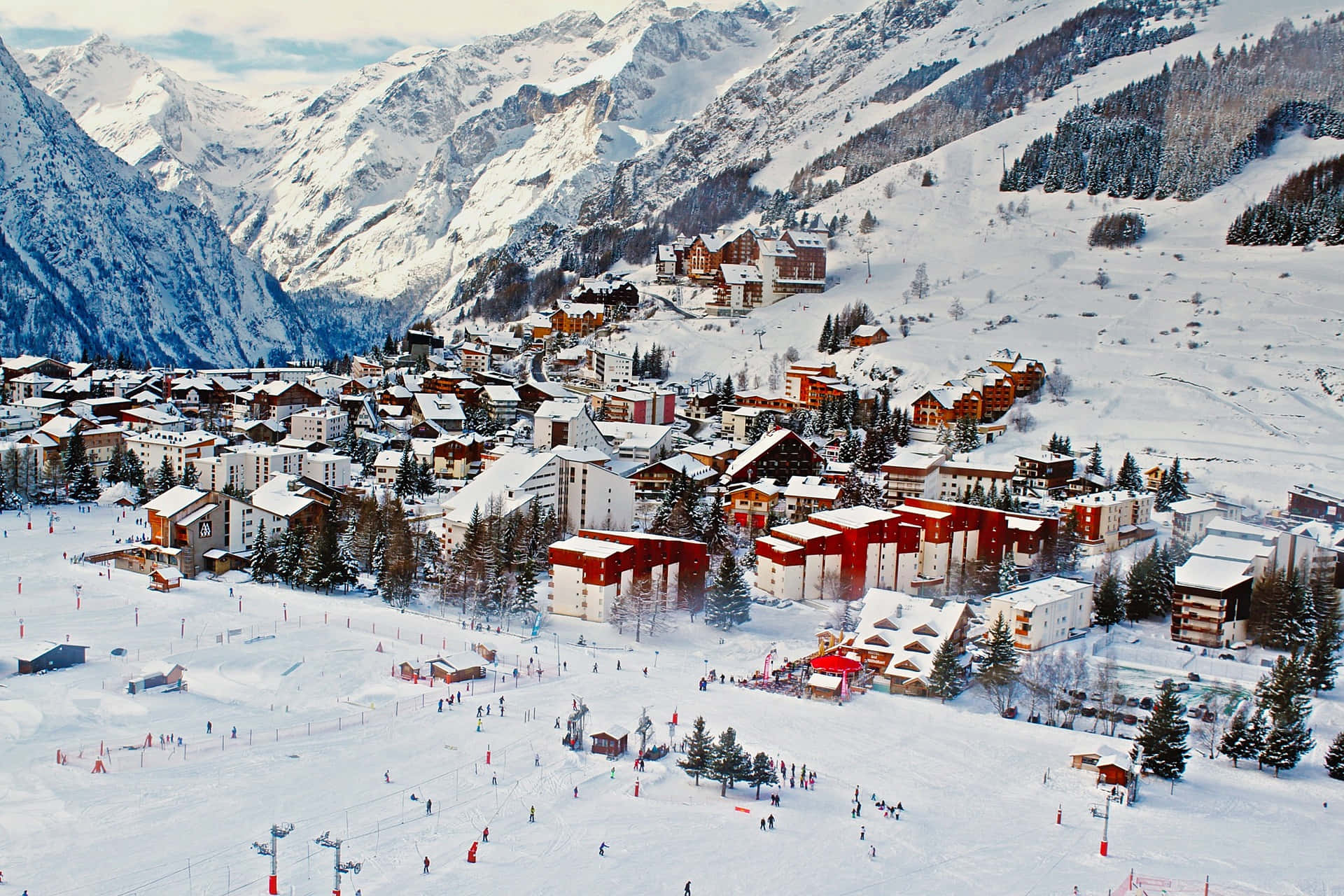 Ski Resort, snowy mountain village, red and white chalets, Full HD Desktop Wallpaper